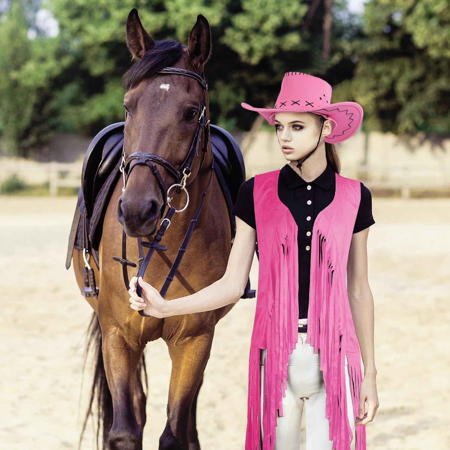 Cowgirl Outfits for Women 60s 70s Hippie Sleeveless Fringe Vest with Cowboy Hat and Sunglasses Halloween Costumes - Image 7