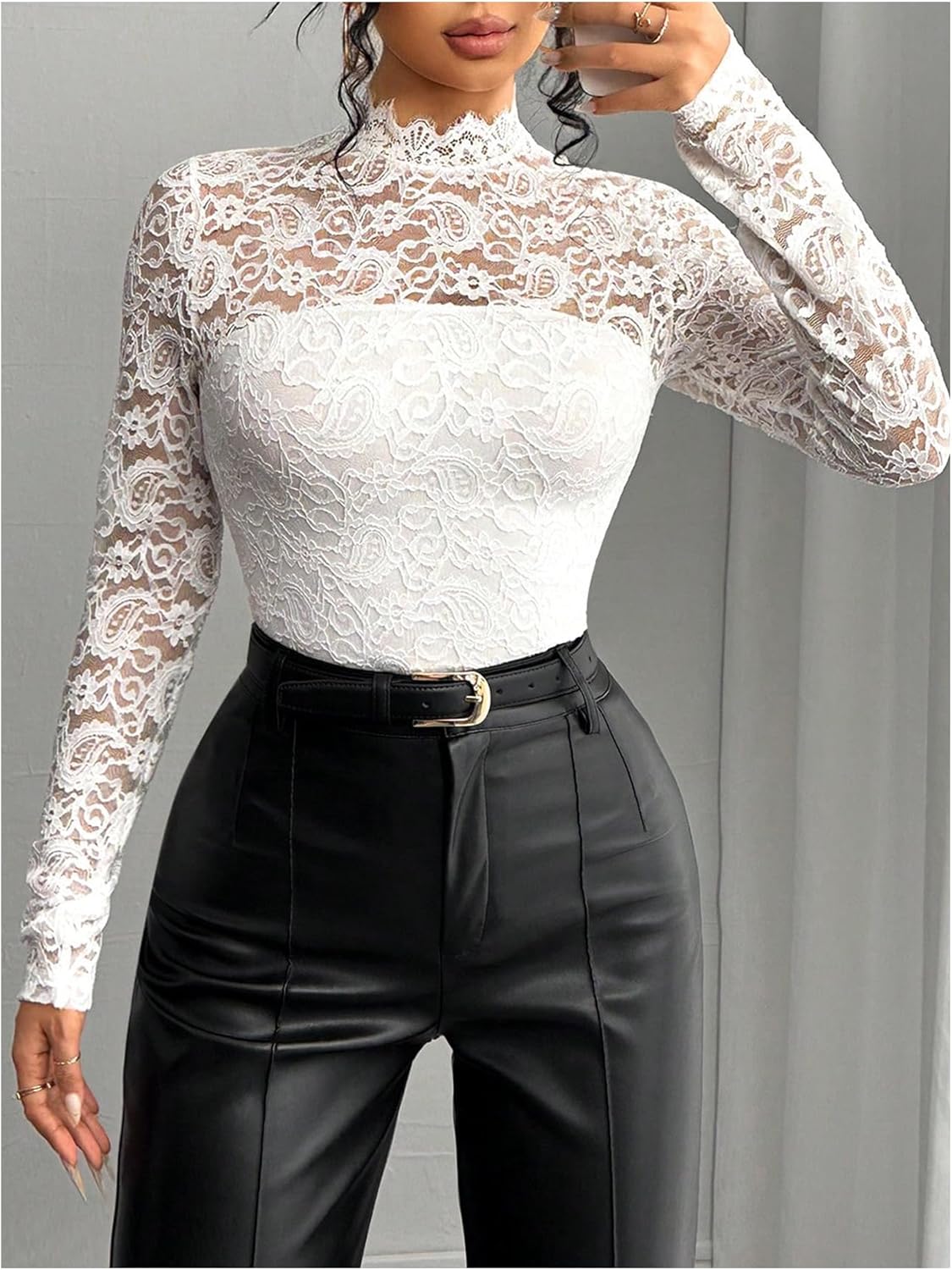 Verdusa Women's Floral Lace Zip Up Sheer Tops Long Sleeve Mock Neck Slim Tee Shirts - Image 4