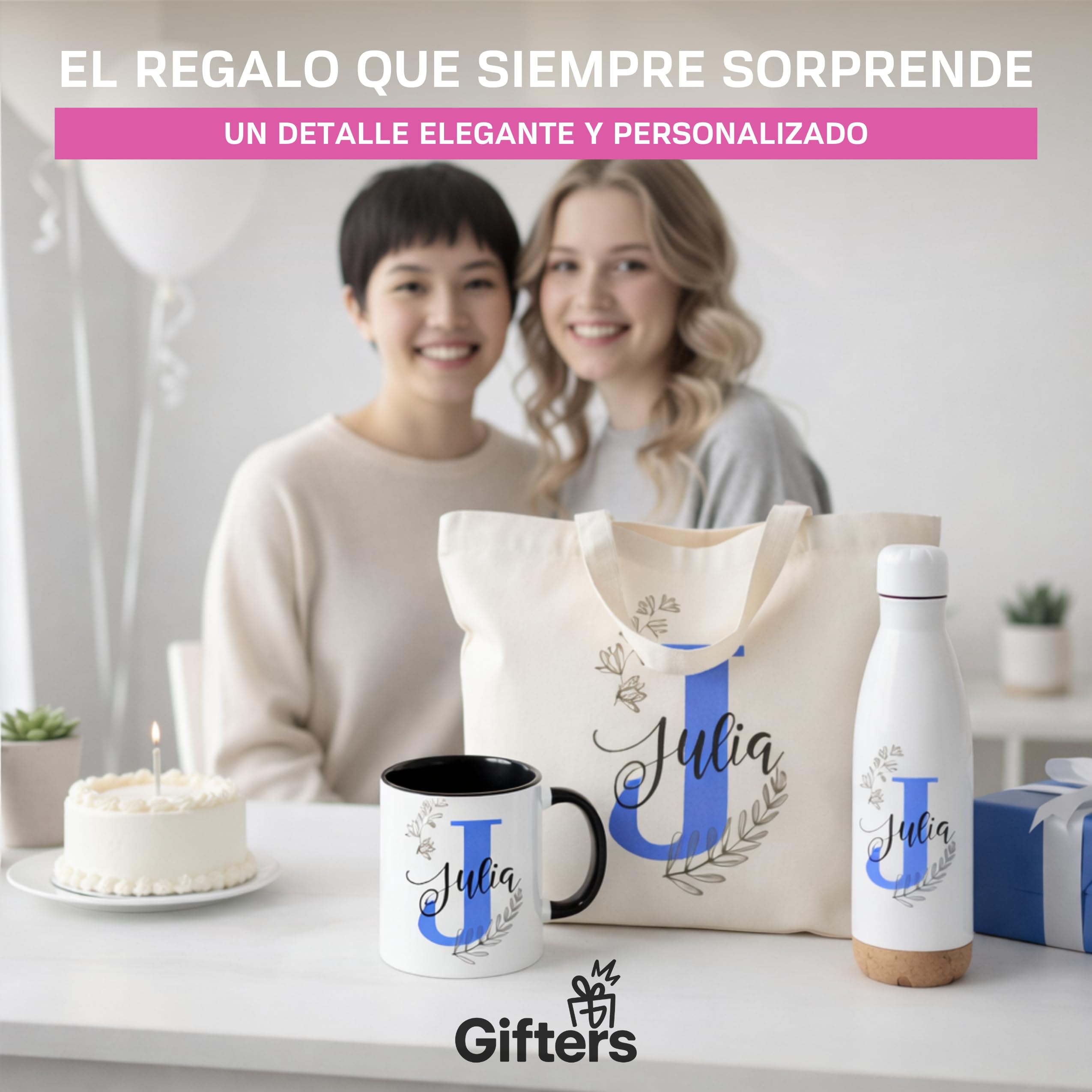 Gifters | Bolsa Tote, Taza 325ml y Botella Acero Inox 750ml | Diseño Floral con Inicial y Nombre | Shopper, Tote Bag con Cremallera | Pack Regalo Personalizado Original Mujer, Amiga, Niña o Madre