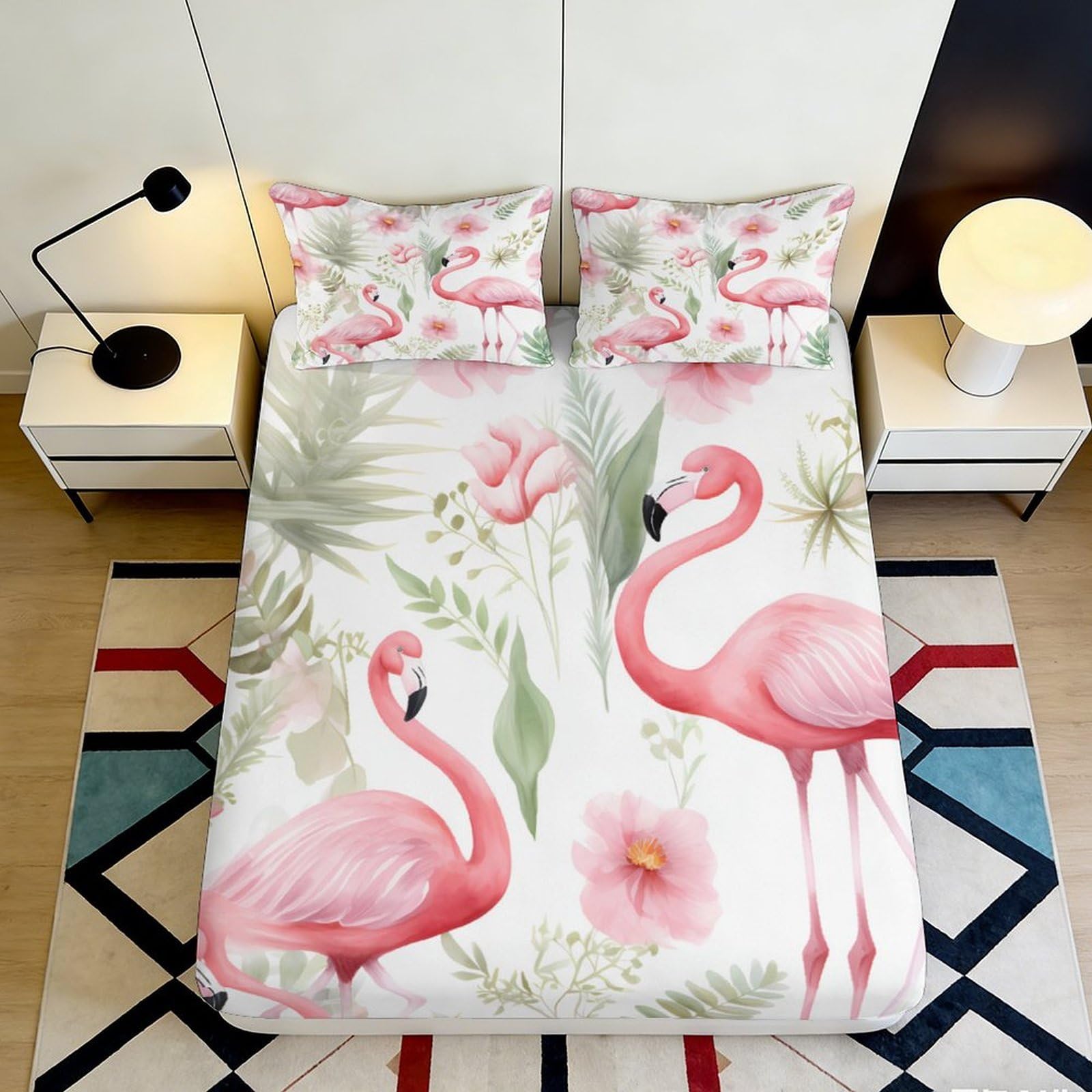 3D Printed Flamingo Tropical Fitted Sheet Microfiber Soft Breathable Botanical Bed Cover for Bedroom Dormitory Guest Room Mattress Protection Decor 120x200x25cm