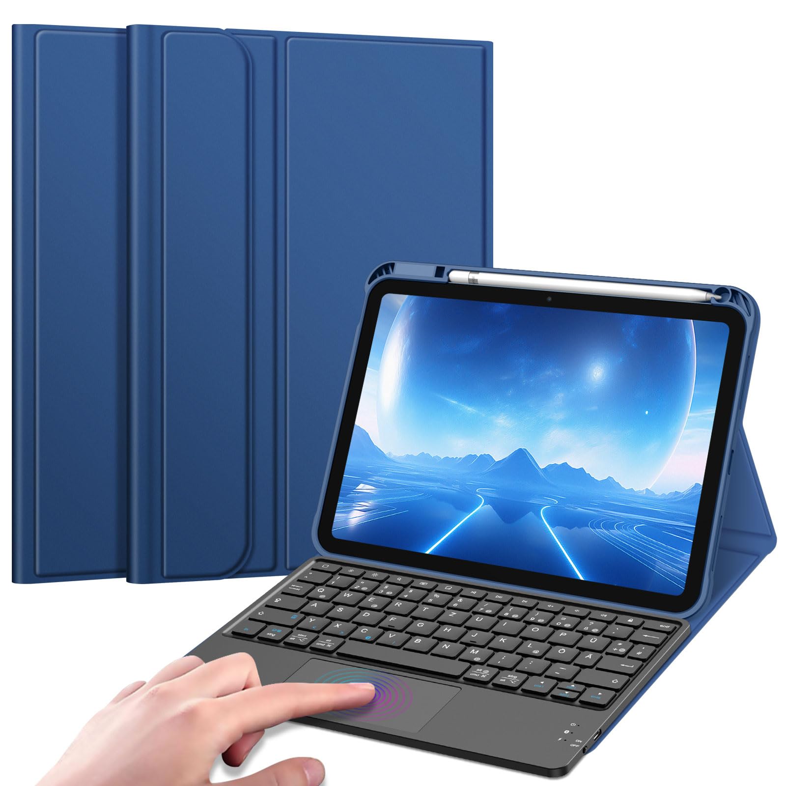 FINTIE Etui na klawiaturę do iPad 11. generacji 2025 11", iPad 10. generacji 2022 10,9" etui ochronne z magnetycznie zdejmowaną niemiecką klawiaturą i touchpadem z układem QWERTZ, granatowe