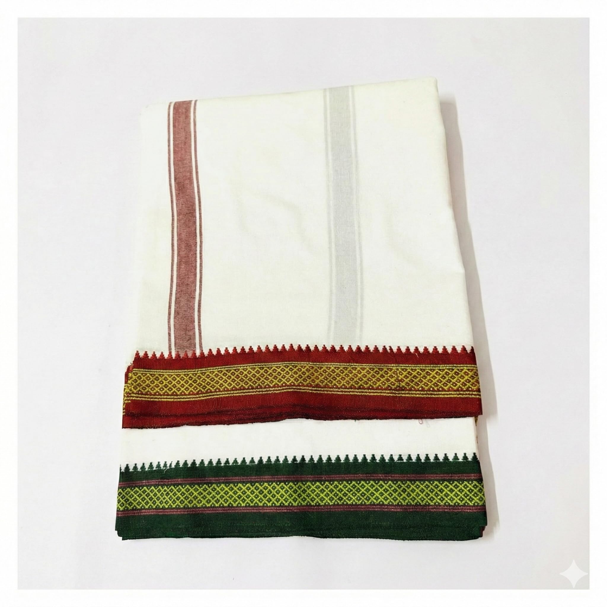 ginroo 4.50 Meters Pure Cotton White Dhoti, Traditional South Indian Wear/Gift for Panditji, Red & Green Borders-picture-25
