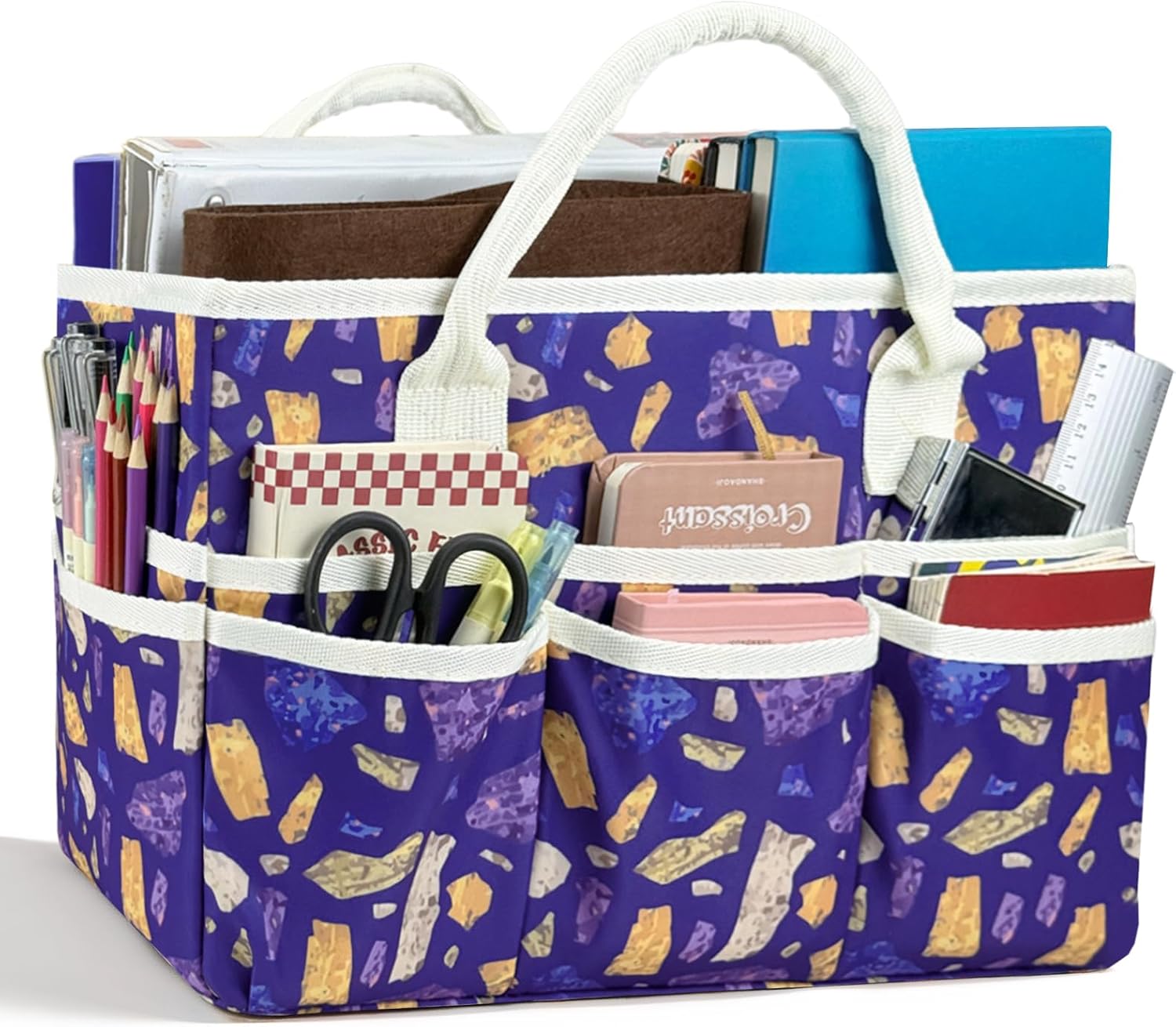 Craft Organizer Tote Bag, Large Art Storage Caddy with Multiple Pockets & Handles, Sewing Bag for Art, Craft, Journal, Scrapbooking,Medical and Office Supplies,Purple Gravel Tide