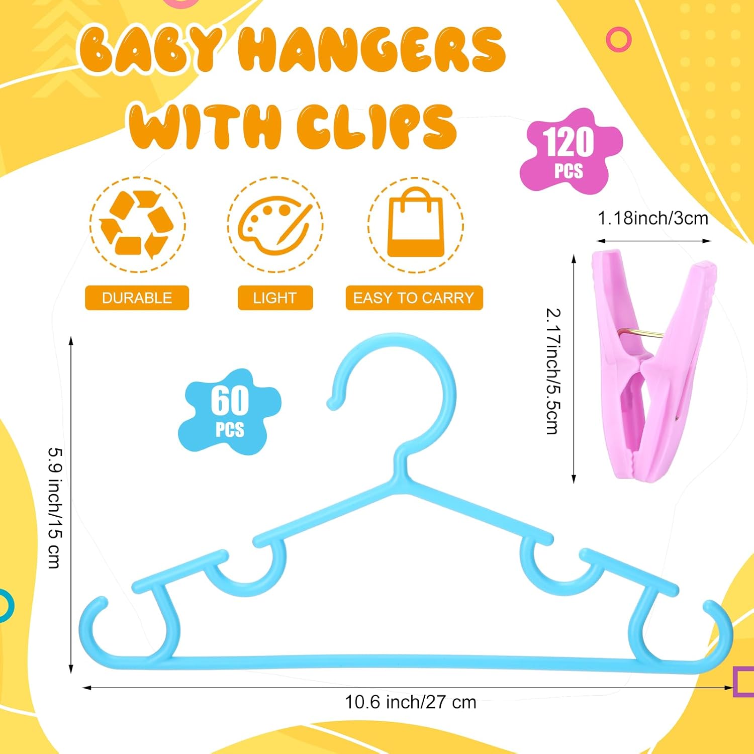 Wenqik 60 Pack Plastic Kids Hanger with 120 Pcs Clips Space Saving Toddler Baby Clothes Hangers with Clips for Children Infant Nursery Closet Pants Coat Skirts, 10.6 x 5.9 Inch, Multicolor