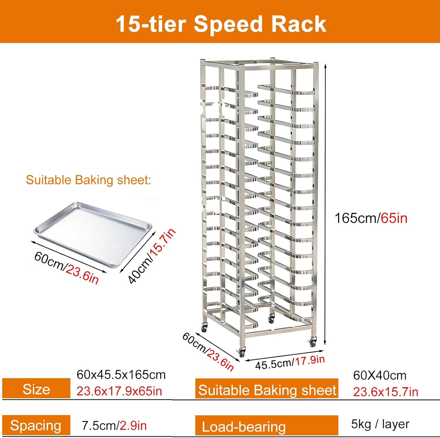 WDJBPSH 15-Tier Bakery Bun Pan Speed Cart for Commercial Kitchen, Large Baking Sheets Drying Holder with 2 Locking Wheels, Stainless Steel Storage Rack fit 60x40cm Tray