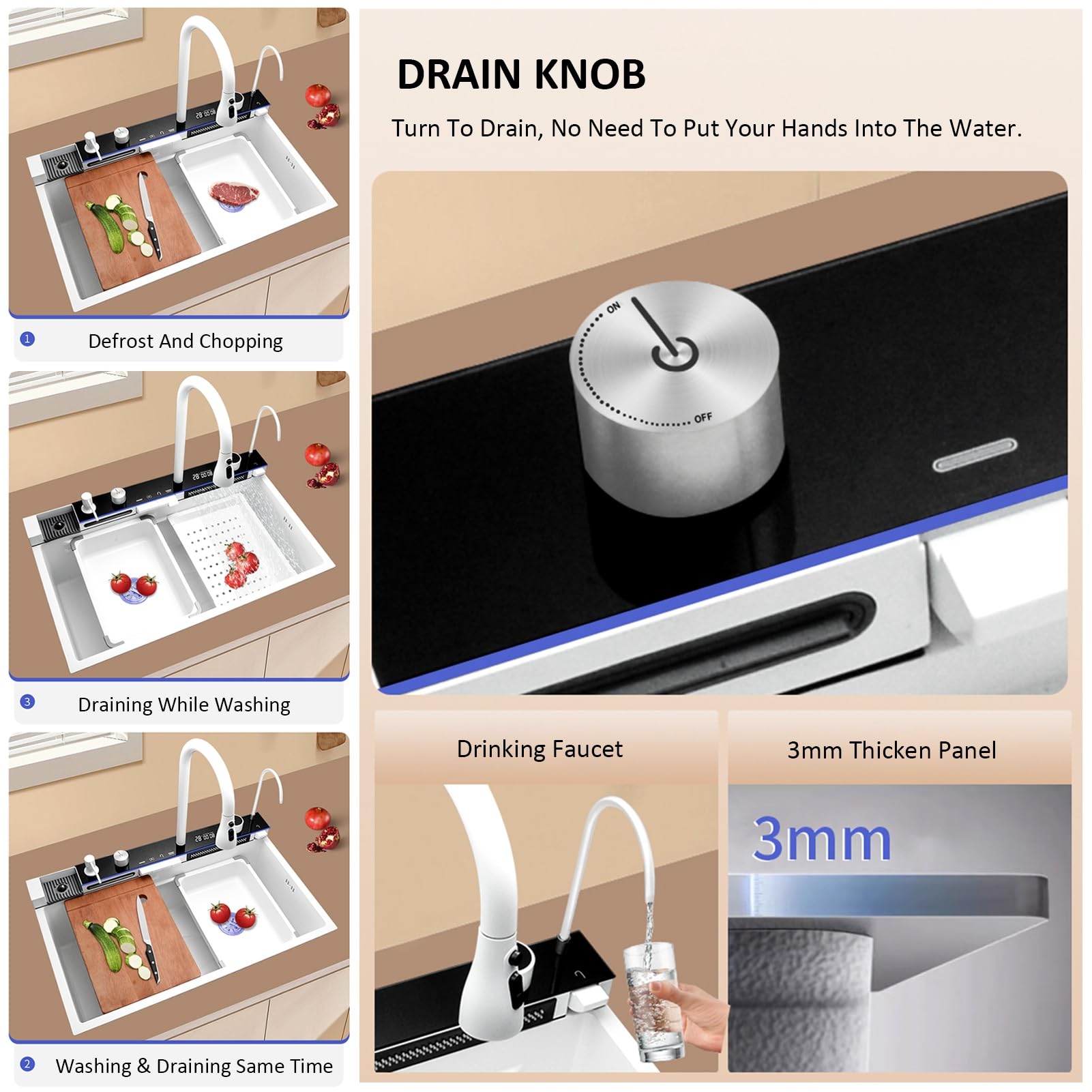 Fregadero de Cocina Moderno de Acero Inoxidable Blanco, para instalación bajo encimera, 80x46x23cm, Acabado Cepillado, Rectangular, 1 Orificio, desagüe elevable y Giratorio.