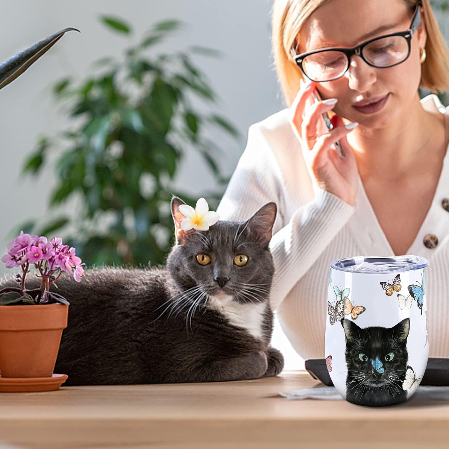 NymphFable 12oz Cat Cup Wine Tumbler With Straw And Lid Insulated Stemless Wine Glass Stainless Steel Double Wall - Image 4