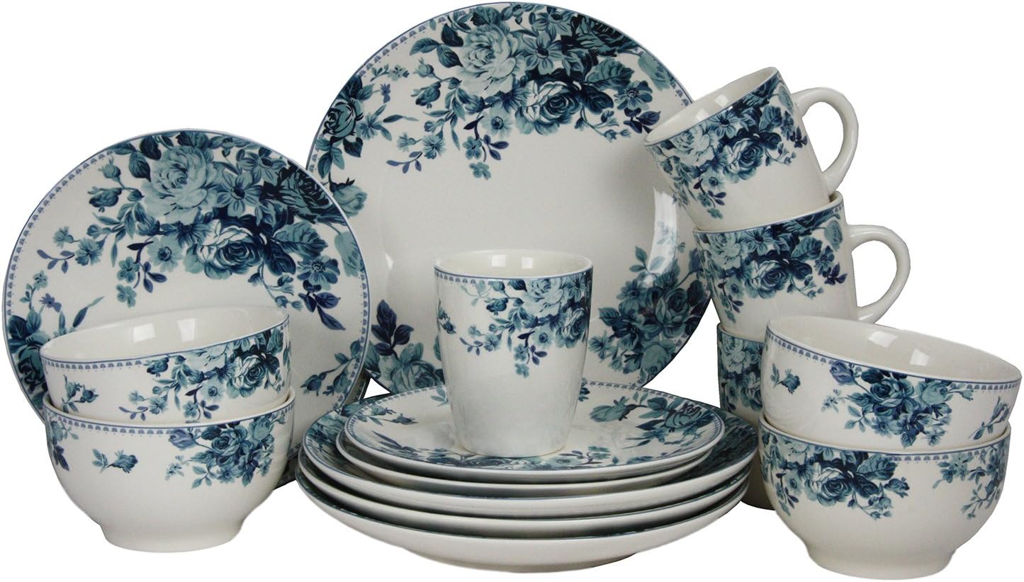 Elama Traditional Blue Rose 16 Piece Service for 4 Stoneware Dinnerware Set