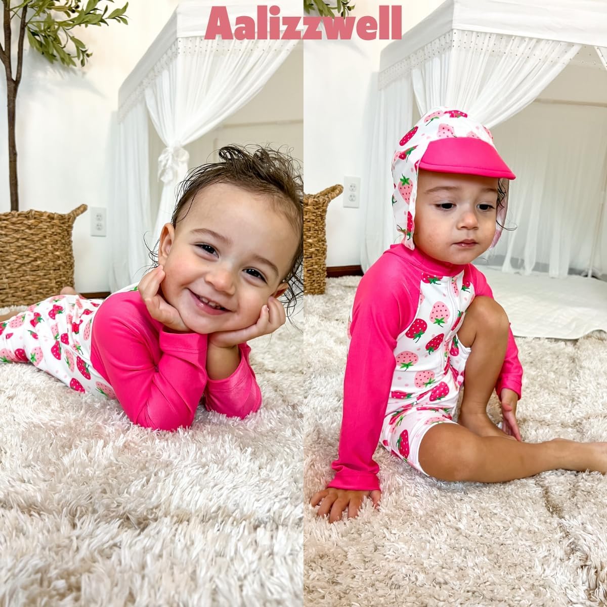 Aalizzwell Baby Girls Long Sleeve One Piece Bathing Suit with Hat - Image 3