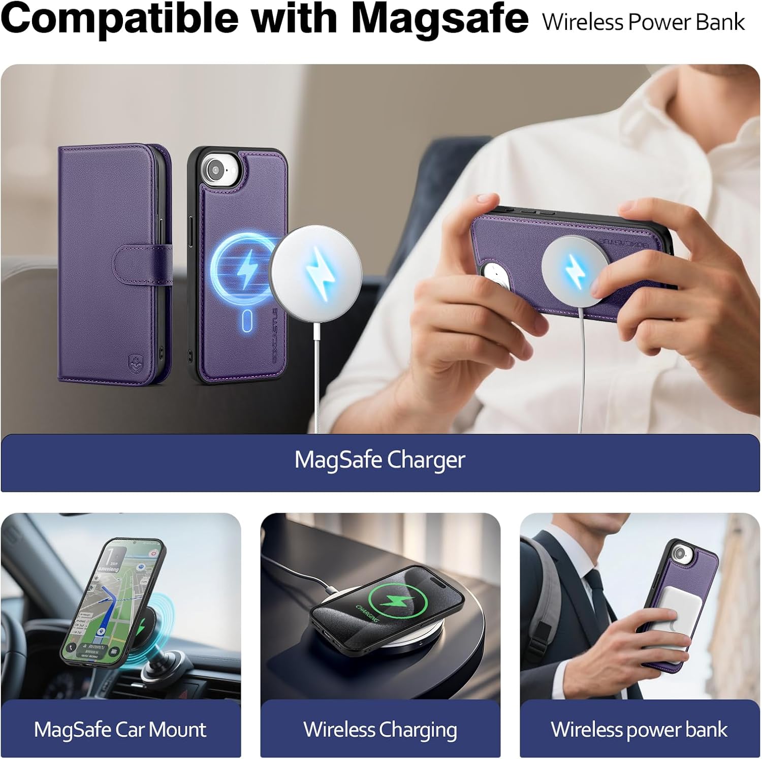 Magnetic 2 in 1 Detachable Compatible with Magsafe iPhone 17e / 16e Genuine Wallet Case with Card Holder,Women Men Real Leather Flip RFID Blocking Credit Card Slots Stand Phone Cover,Purple