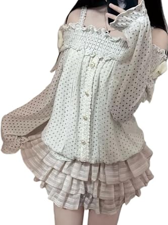 Vintage Clothes Whimsy Polka Dot Off The Shoulder Shirt Gyaru Tops Cutecore Coquette Blouse Y2k 2000s Clothing