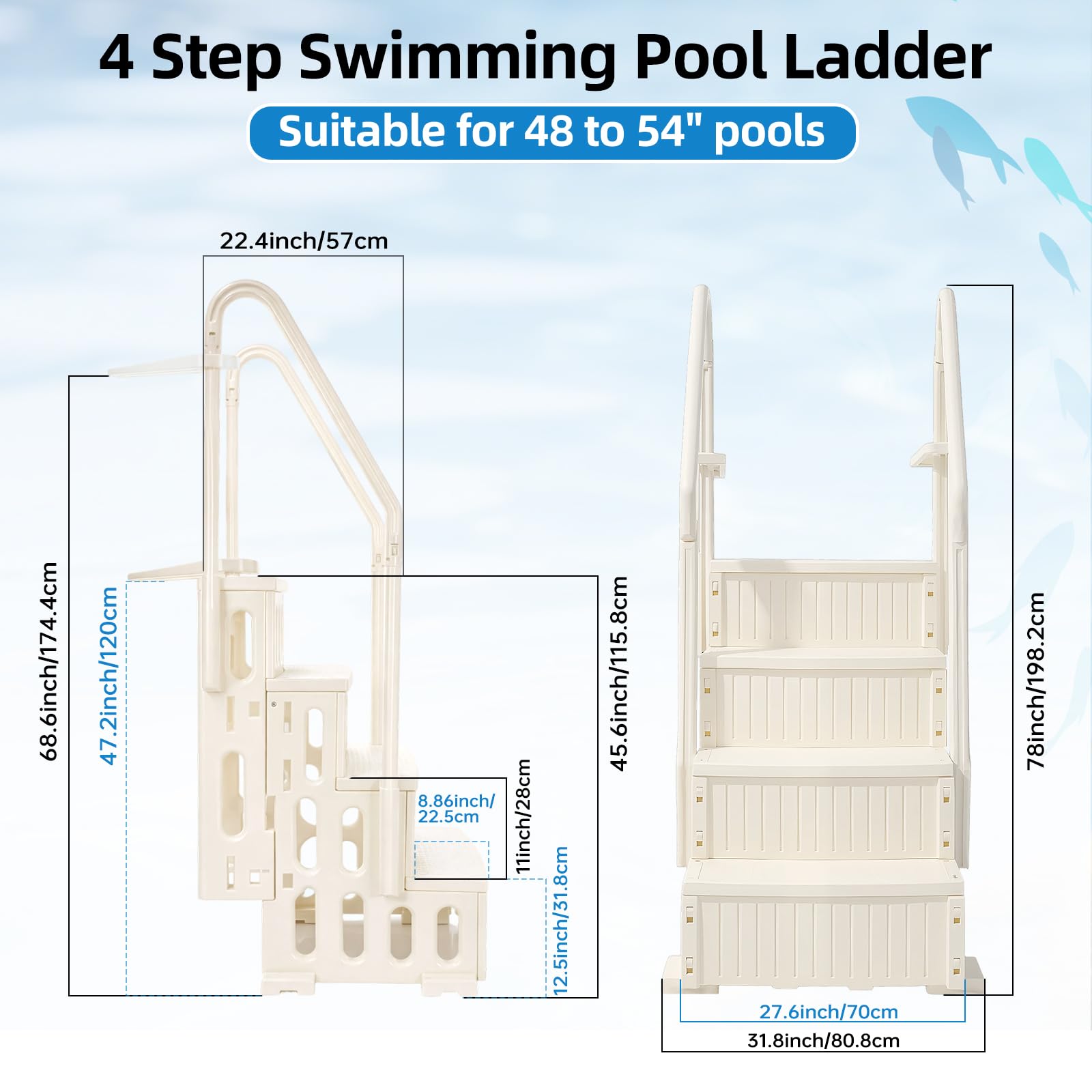 Yuntau Échelle de piscine 4 marches avec doubles mains courantes, échelle de piscine robuste antidérapante à larges marches, capacité de charge maximale jusqu’à 136 kg pour système d’entrée et de