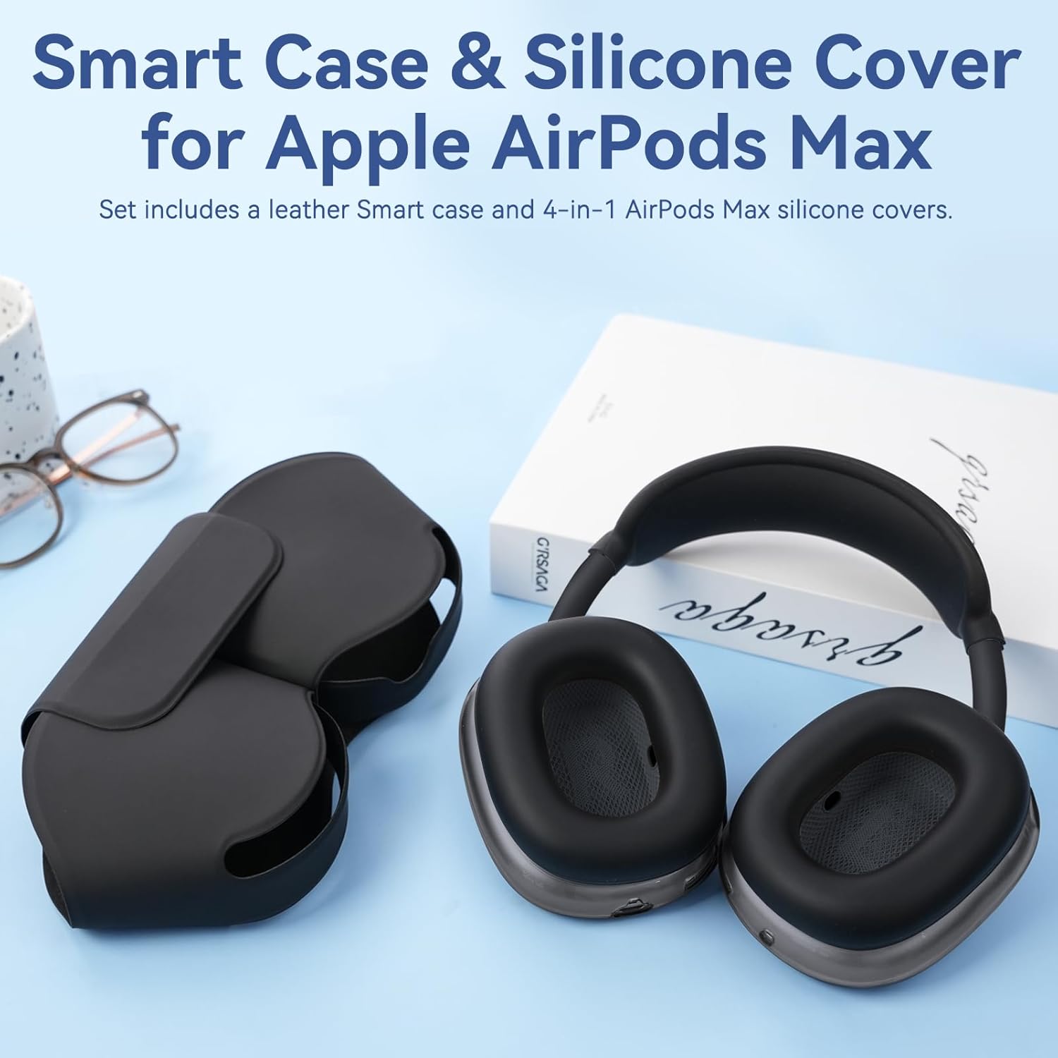 Smart Case Cover for Apple Airpods Max 2/1, Soft Leather Cover Accessories for Airpods Max 2 with Sleep Mode,with Clear Ear Cups Cover/Silicone Ear Pad Case/Headband Covers for AirPods Max 2&1, Black
