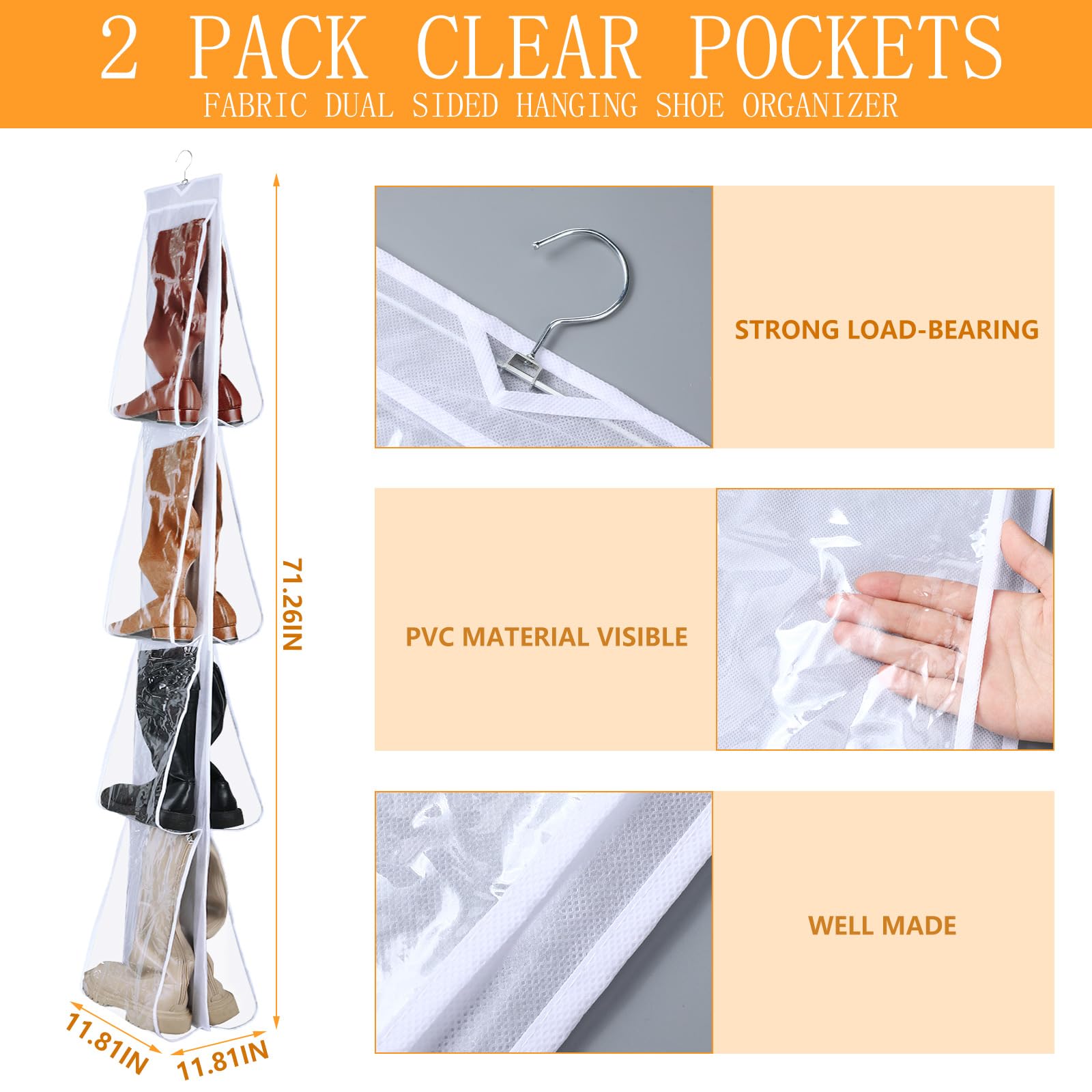 Windyun Sets 16 Large Clear Pockets Fabric Dual Sided Hanging Shoe Rack for Closets Hanging Shoe Organizer with Rotating Hanger Boot Organizer for Storage Men's and Woman's Boots(White)