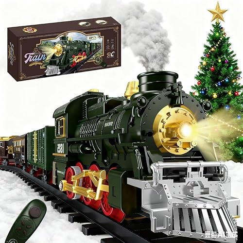 Juego de tren de Navidad  Juego de tren de control remoto con luz y sonido de vapor, juguete recargable de lluvia bajo el árbol de Navidad con