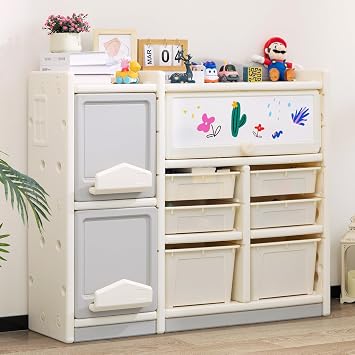 DOEWORKS Multi-Bin Organizer, Storage Cabinet with 6 Bins and 3 Cabinet, Multipurpose Drawers Shelf for Livingroom to Organize things, Books, Picture 3 * 4
