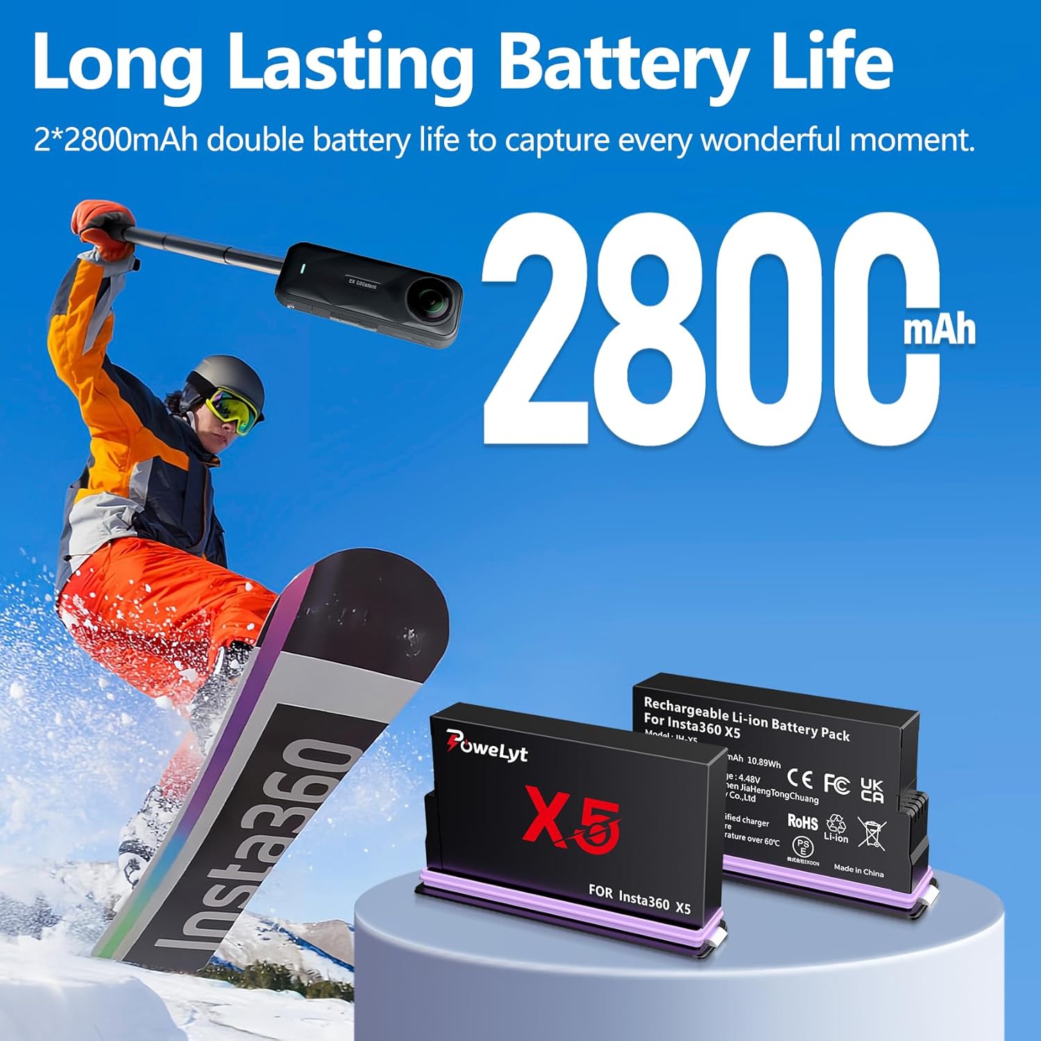 360 X5 Battery 2 Packs 2800mAh High Capacity Waterproof X5 Battery Support Low Temperature Shooting with Protection Box Can Store Misro SD Card Fully Compatible with 360 X5 Action Camera