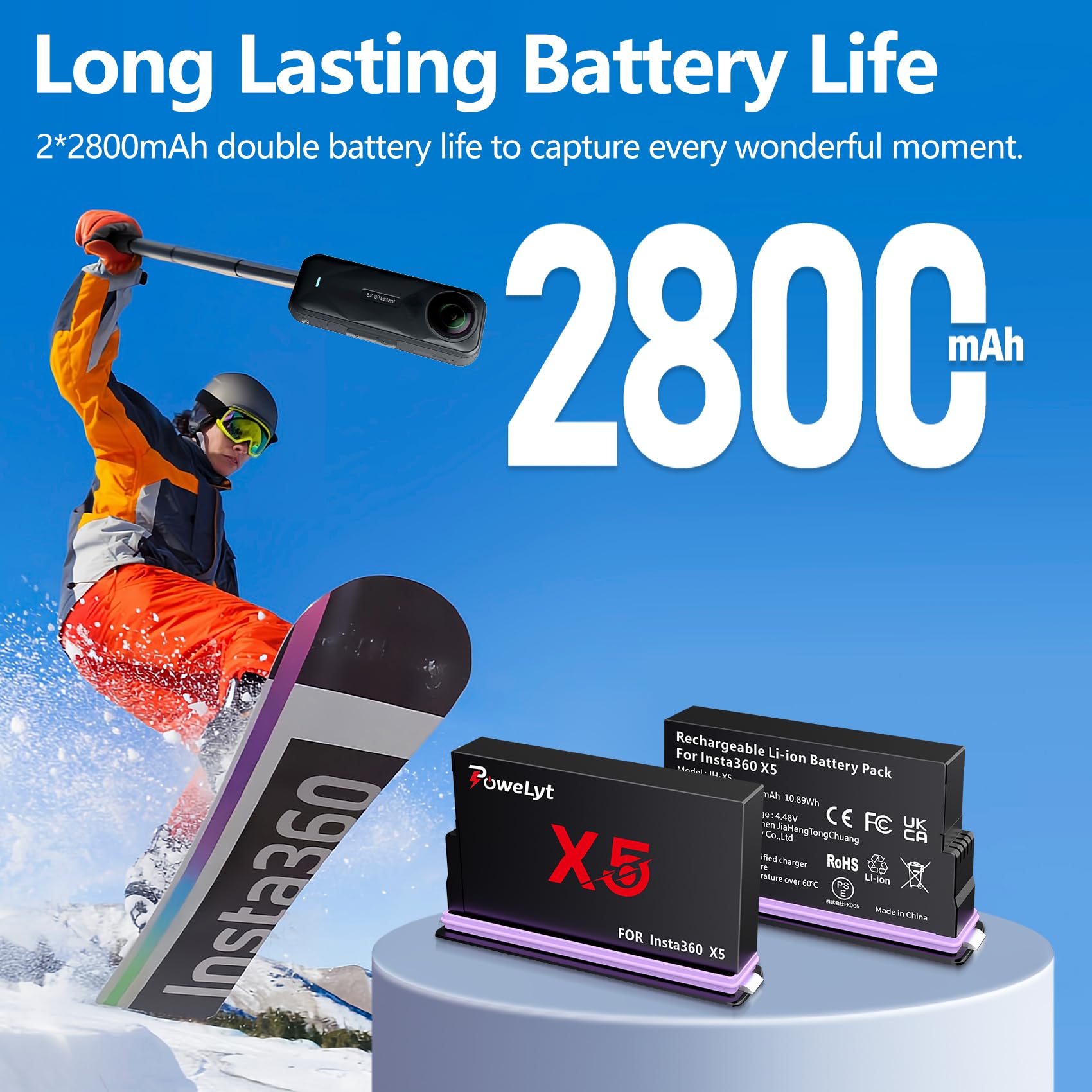 Zestaw ładowarek 360 X5, 2 opakowania 2800 mAh wodoodporne baterie X5 i 2-kanałowa ładowarka do baterii X5 z etui na baterie, może pomieścić kartę Misro SD w pełni kompatybilny z kamerą