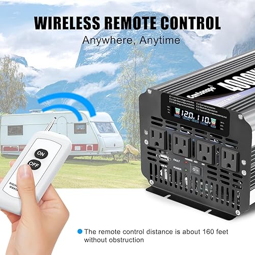Miniatura 6 de Inversor de corriente de 4000 W, inversor de automóvil de 12 V CC a 110 V120 V CA con pantalla LCD, 4 salidas de CA, puerto USB y control remoto