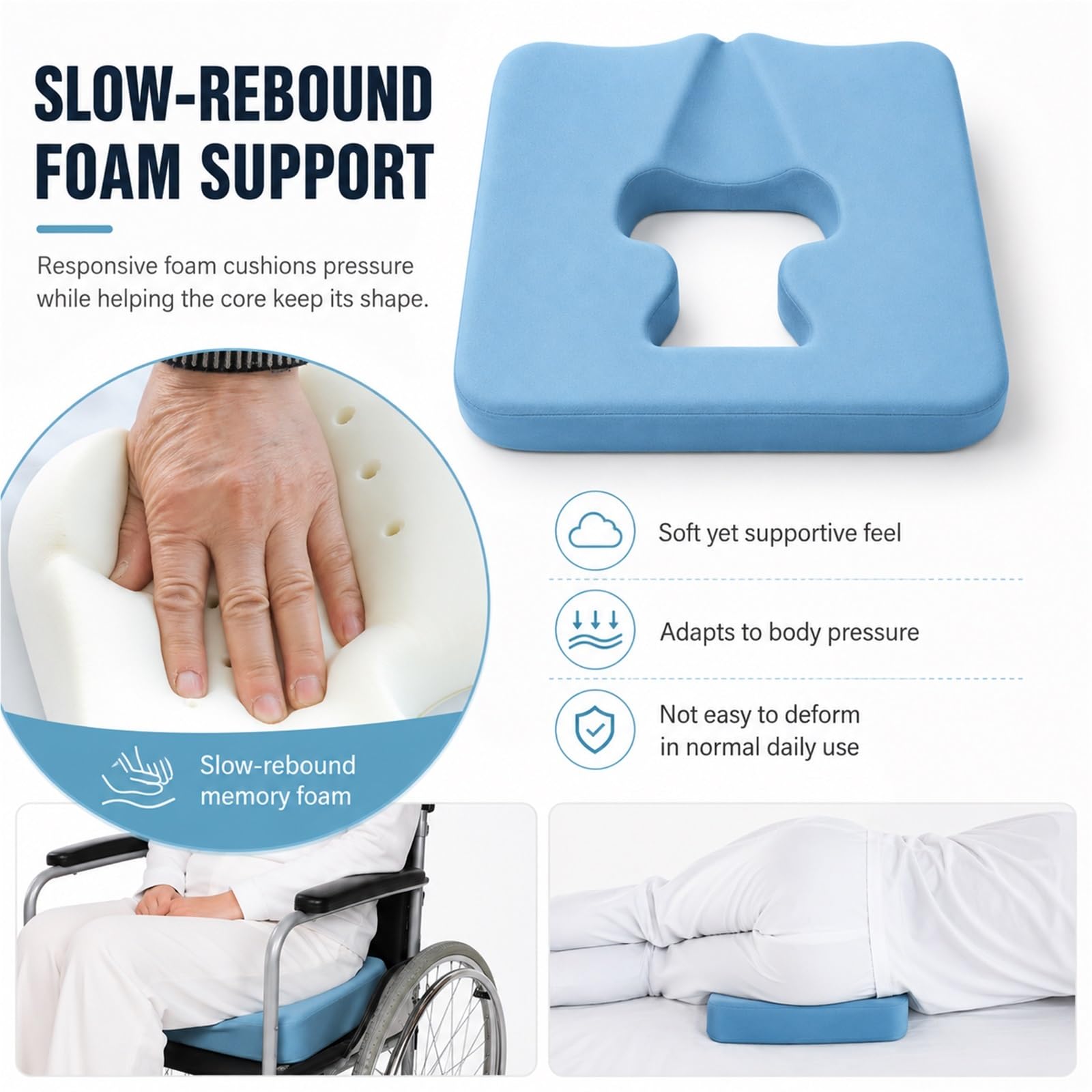 Cojín Antiescaras para Asiento y Cama Cojín de Coxis con Diseño Hueco Transpirable de Espuma Viscoelástica Ergonómica Alivio de Presión para Silla de Ruedas Mayores(Waterproof kit)