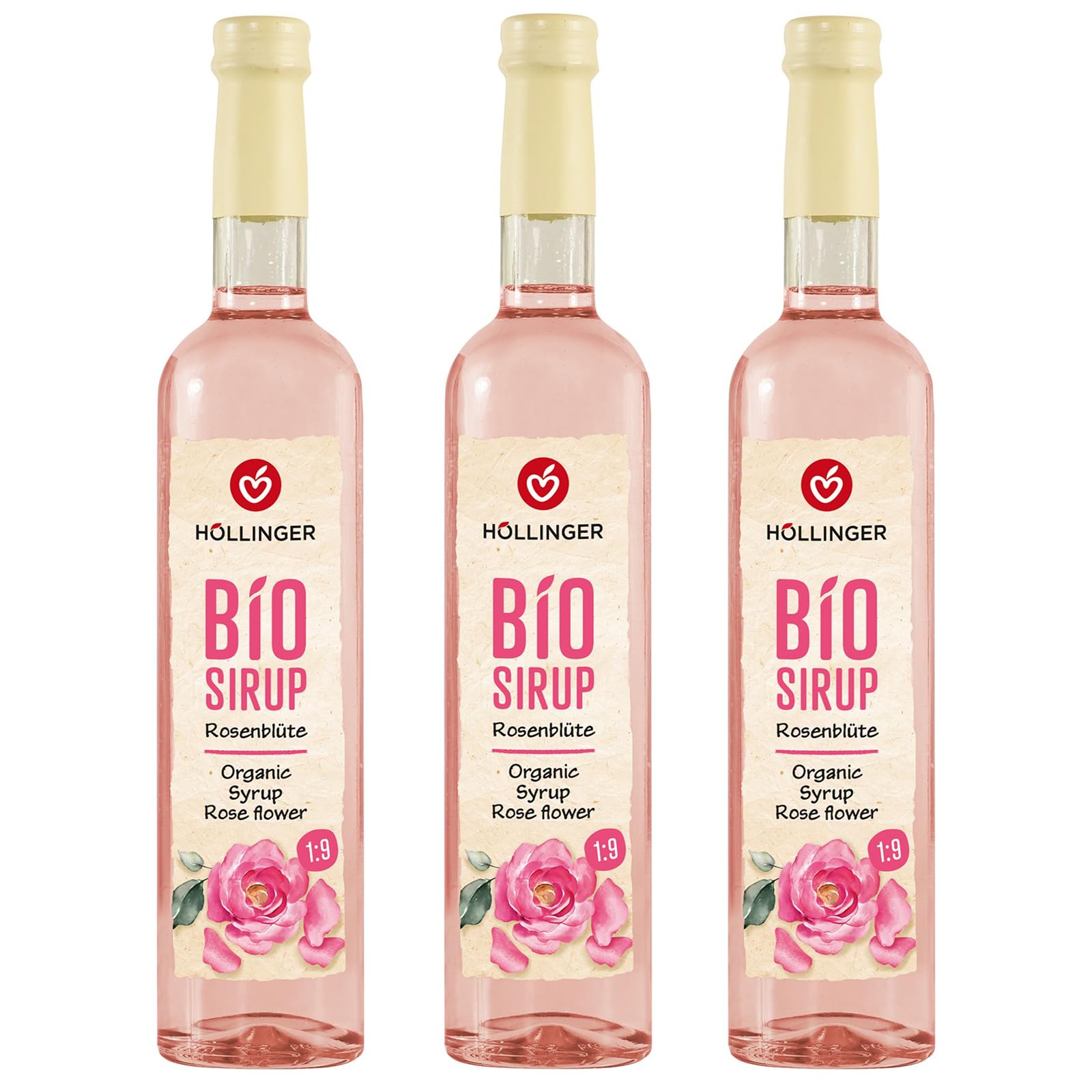 Höllinger Sirop de fleur de rose biologique, végétalien, bouteille en verre de 3x500 ml, saveur florale