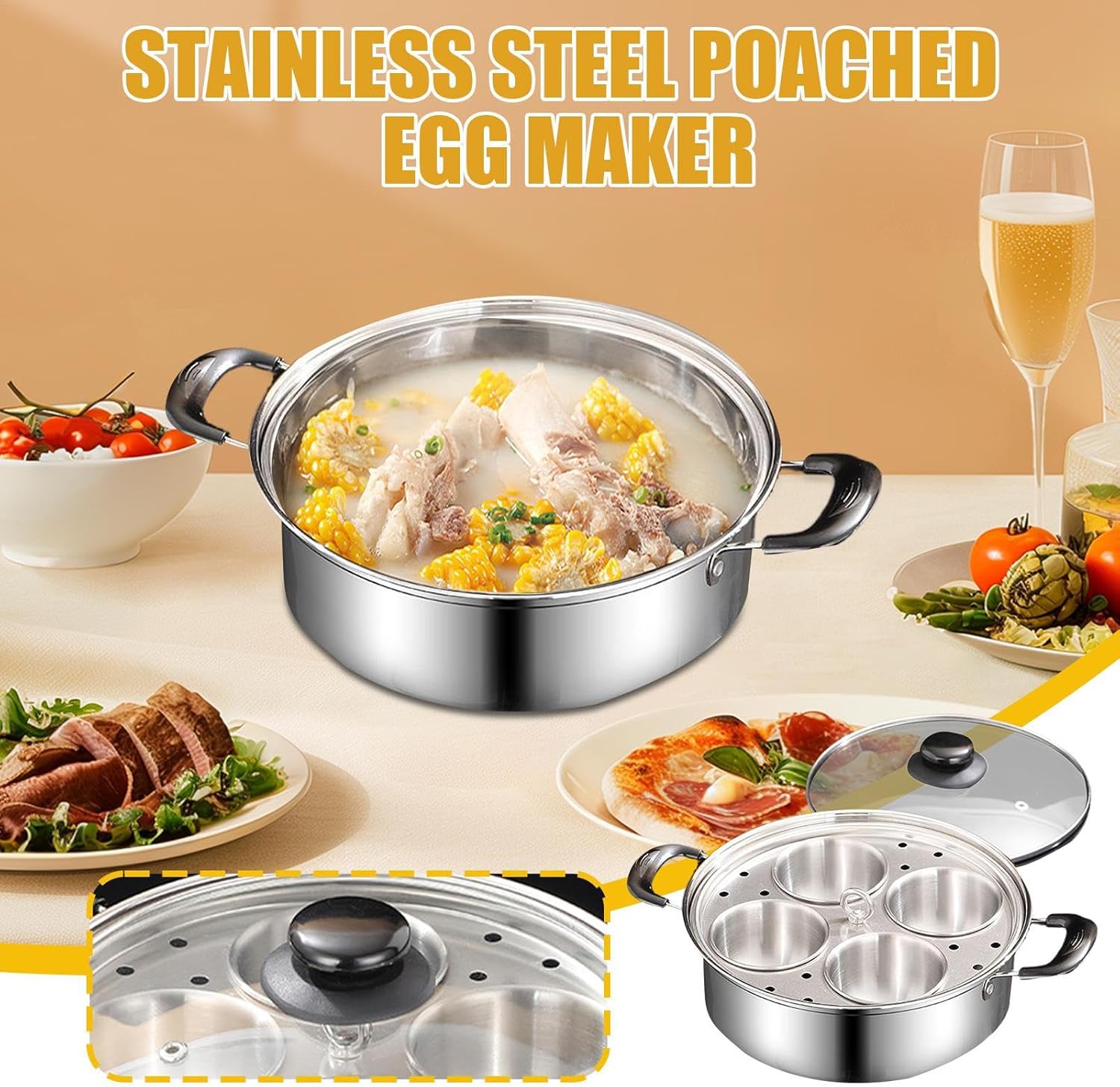 Poached Egg Cooker - Non Stick Pan, Stainless Steel Maker with Removable Cups, Breakfast Preparation Tool for Induction Cooktops, Kitchen Supplies, Four Hole Poacher Use