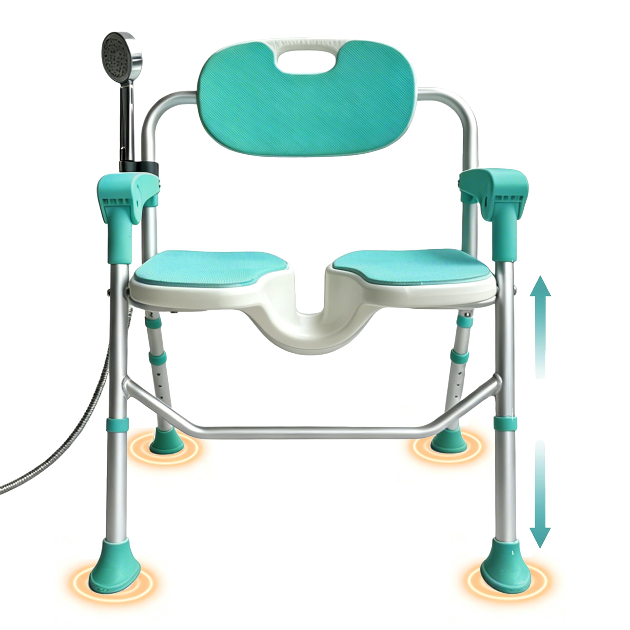 Silla de ducha plegable con brazos y respaldos, asiento en forma de U 3D, altura ajustable y asiento interior antideslizante para discapacitados, ancianos, futuras madres y adultos