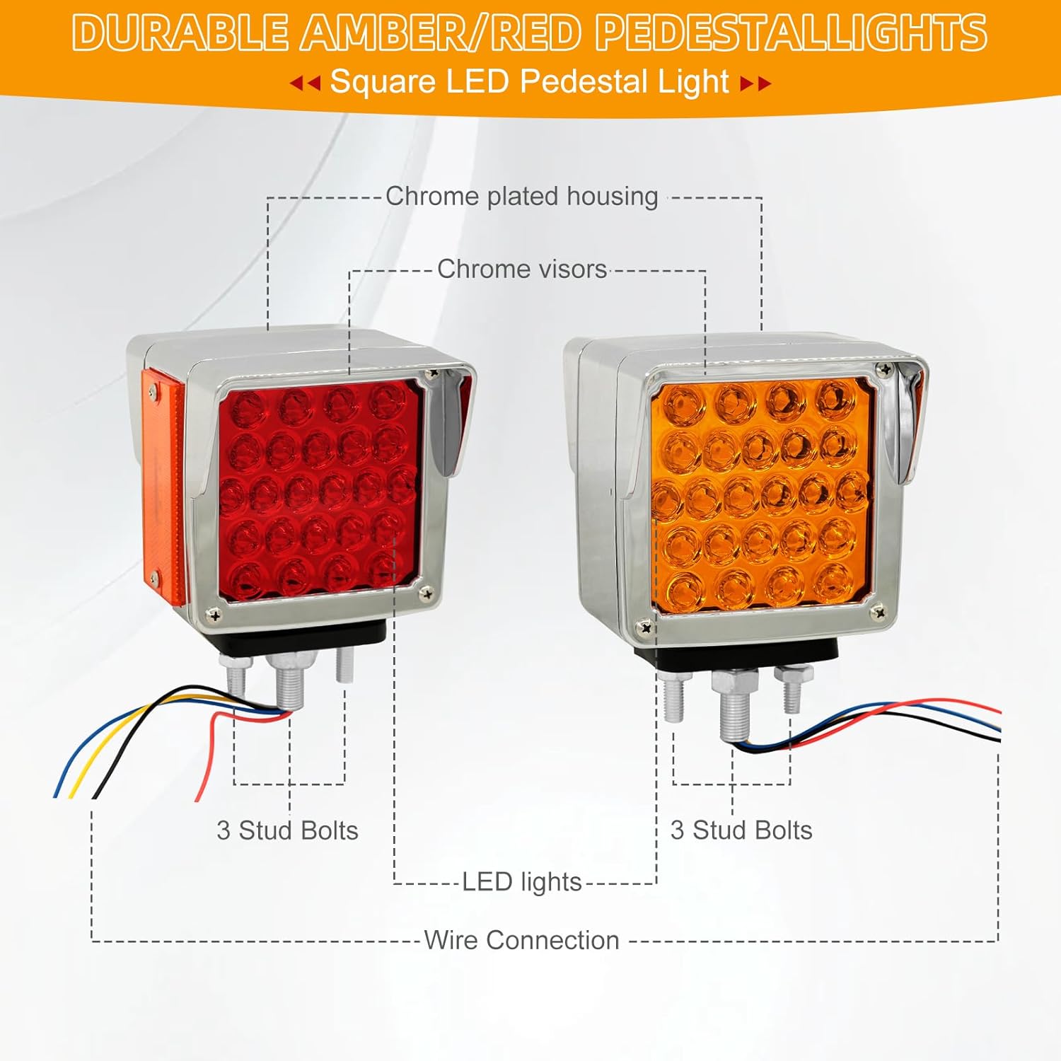 Double Face Pedestal Fender Light 52 LED Stop Turn Tail Signal Truck Trailer Lights Replacement for Peterbilt Kenworth Freightliner Trucks(2 PCS) (Front Amber+Back Red - 2PCS)