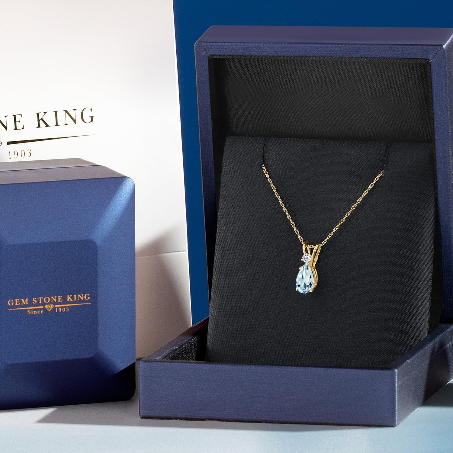 Gem Stone King 14K Yellow Gold Sky Blue Aquamarine and White Topaz Pendant Necklace for Women | 0.79 Cttw | Gemstone March Birthstone | Pear Shape 8X5MM | With 18 Inch Chain - Image 5