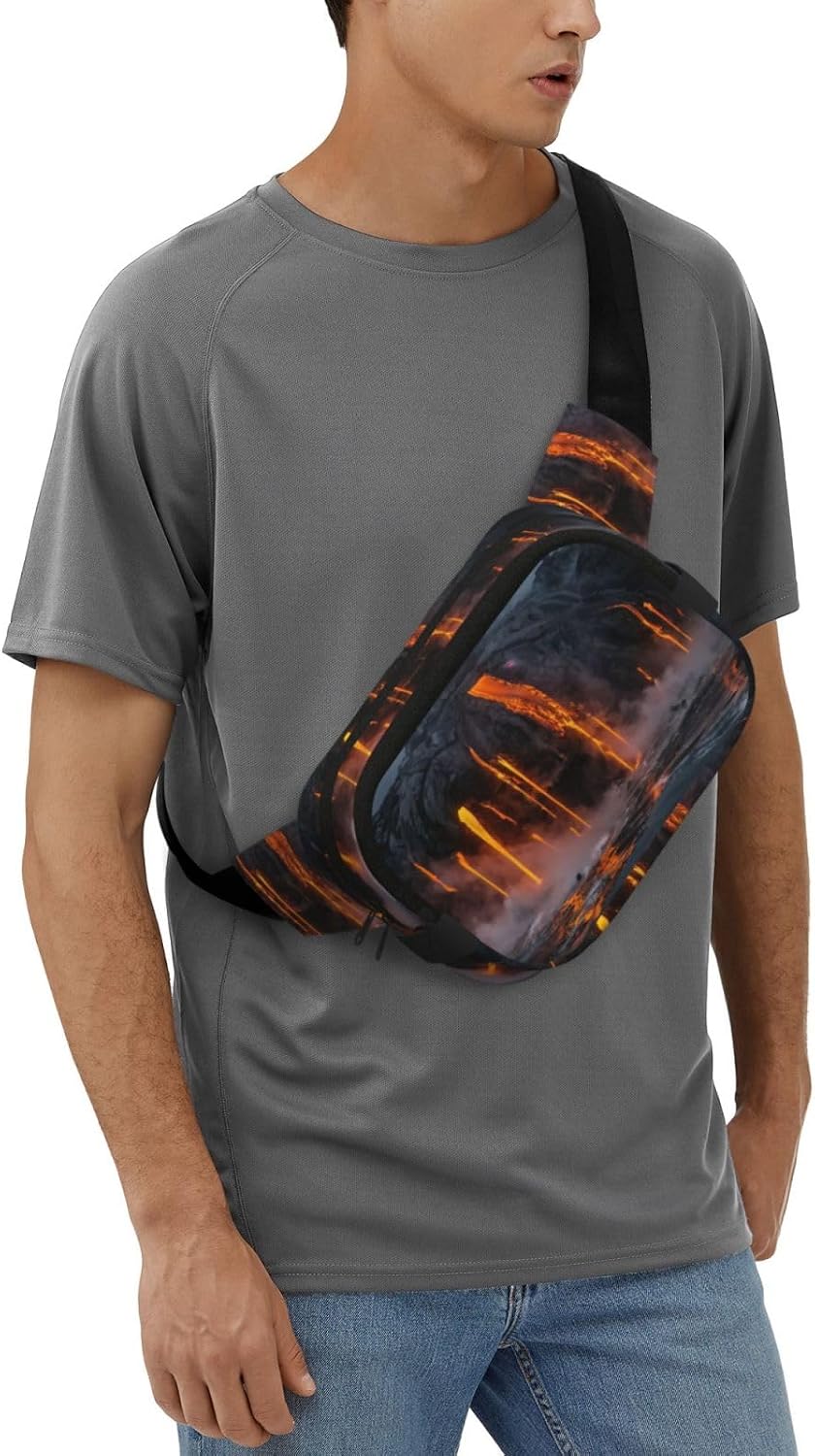 Kilauea Volcano Print Fashion Waist Packs Square Layer Waist Bag Black Belt Bag with Adjustable Strap