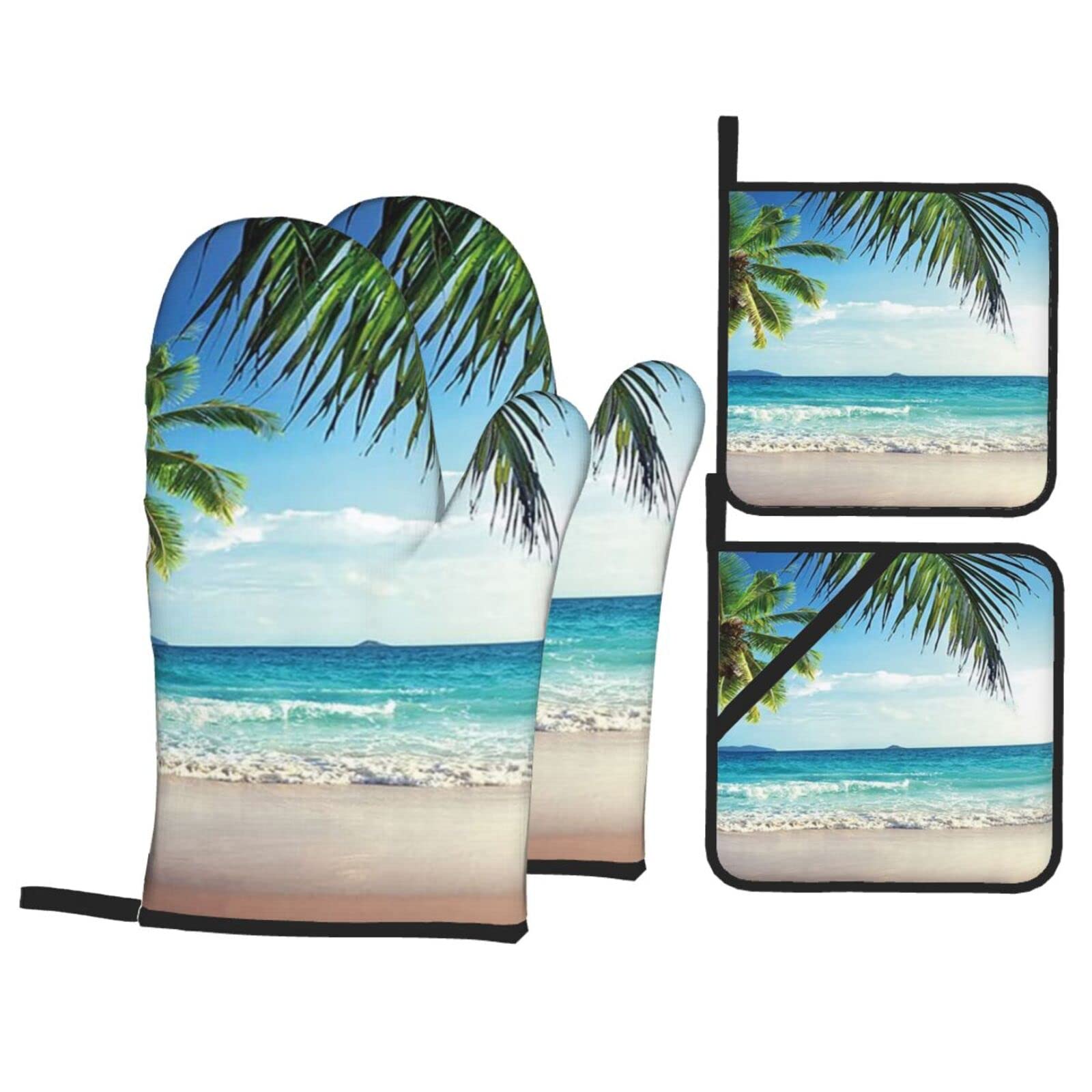 Tropical Palm Tree Hawaii Beach Printed Oven Mitt and Pot Holder Set, Washable Heat Resistant Oven Mitt for Kitchen Cooking Baking Grill