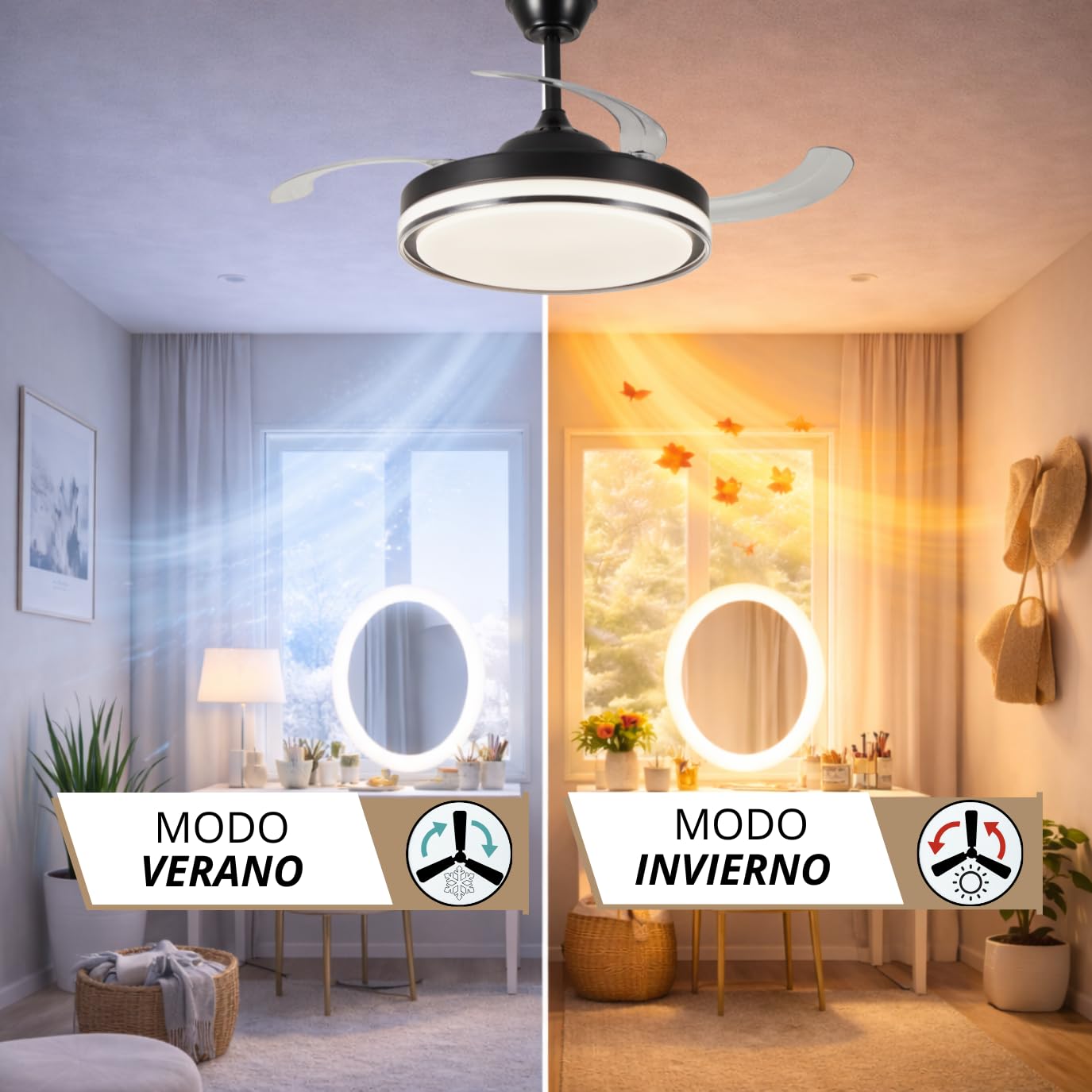 NARVI Ventilador de Techo Negro con Luz LED Regulable, Motor DC 30W Silencioso, Lámpara Ventilador con Mando a Distancia, 3 Aspas Retráctiles, Función Invierno Verano, LOVANIA 1576 BK - 45W