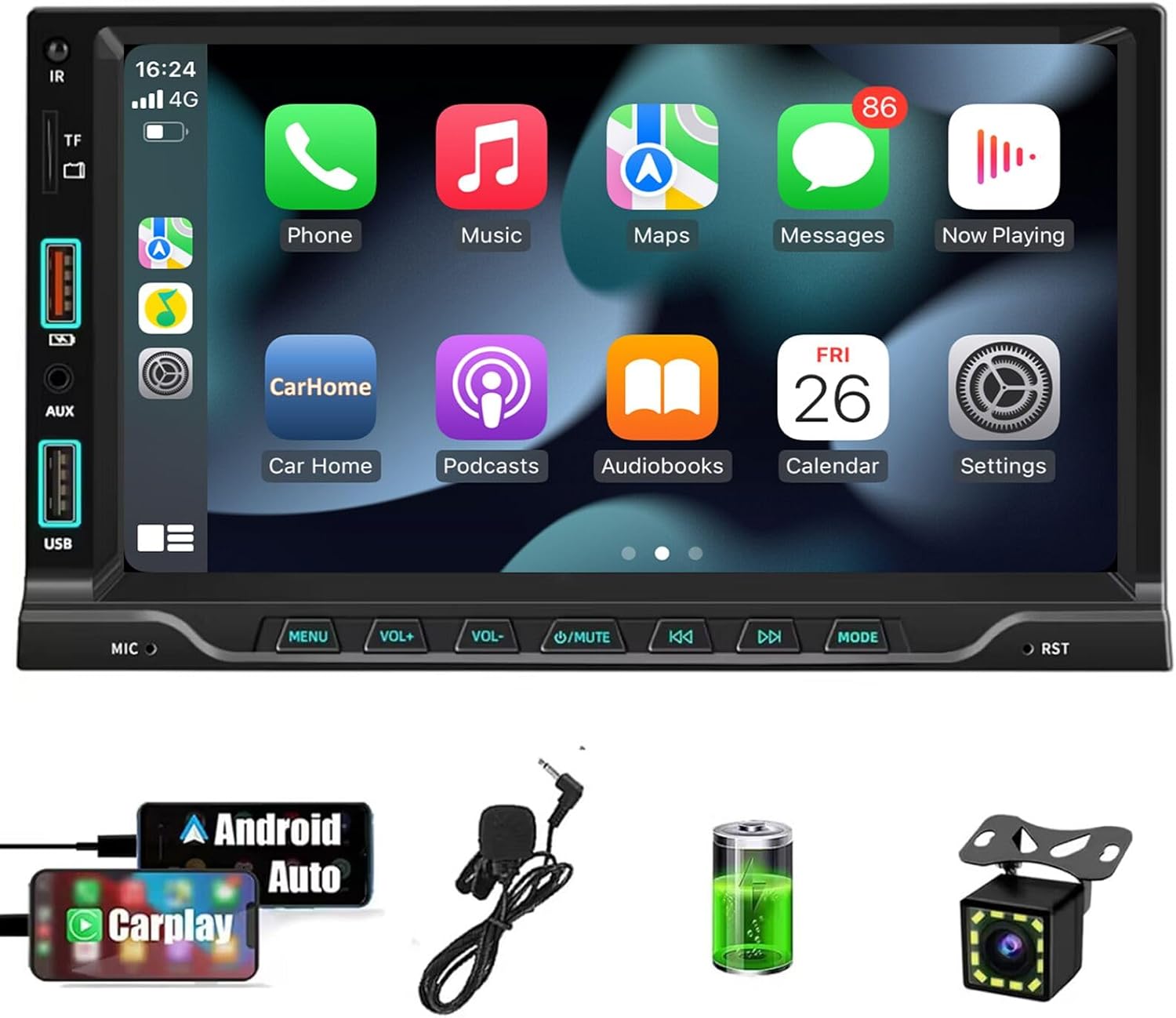 2025 Double Din Car Stereo Player Compatible with Apple Carplay & Android Auto – 7 Inch Car MP5 with BT| Mirror Link| HD Backup Camera| USB/SD/AUX Input| AM/FM/Car Radio| SWC| Subwoofer| Fast Charge