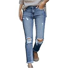tuduoms Women Ripped Mid Rise Jeans Frayed Hem Denim Stretchy Skinny Jeans Fashion Boyfriend Distressed Ribbed Jegging Jeans