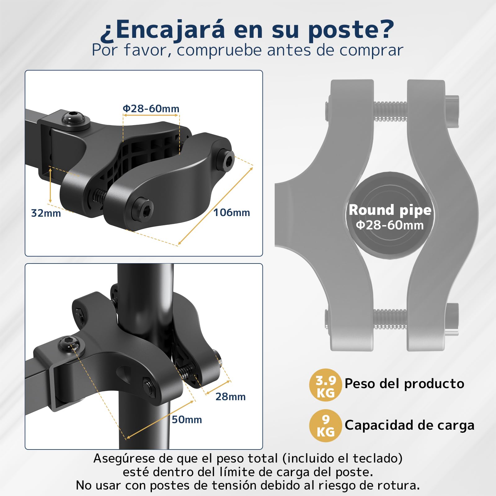 Soporte de Teclado para Poste 65,4 × 19,2 cm – Bandeja de Teclado Universal para Ø 28–60 mm, Rotación 360° e Inclinación Ajustable, Plataforma Ergonómica con Gestión de Cables, Negro