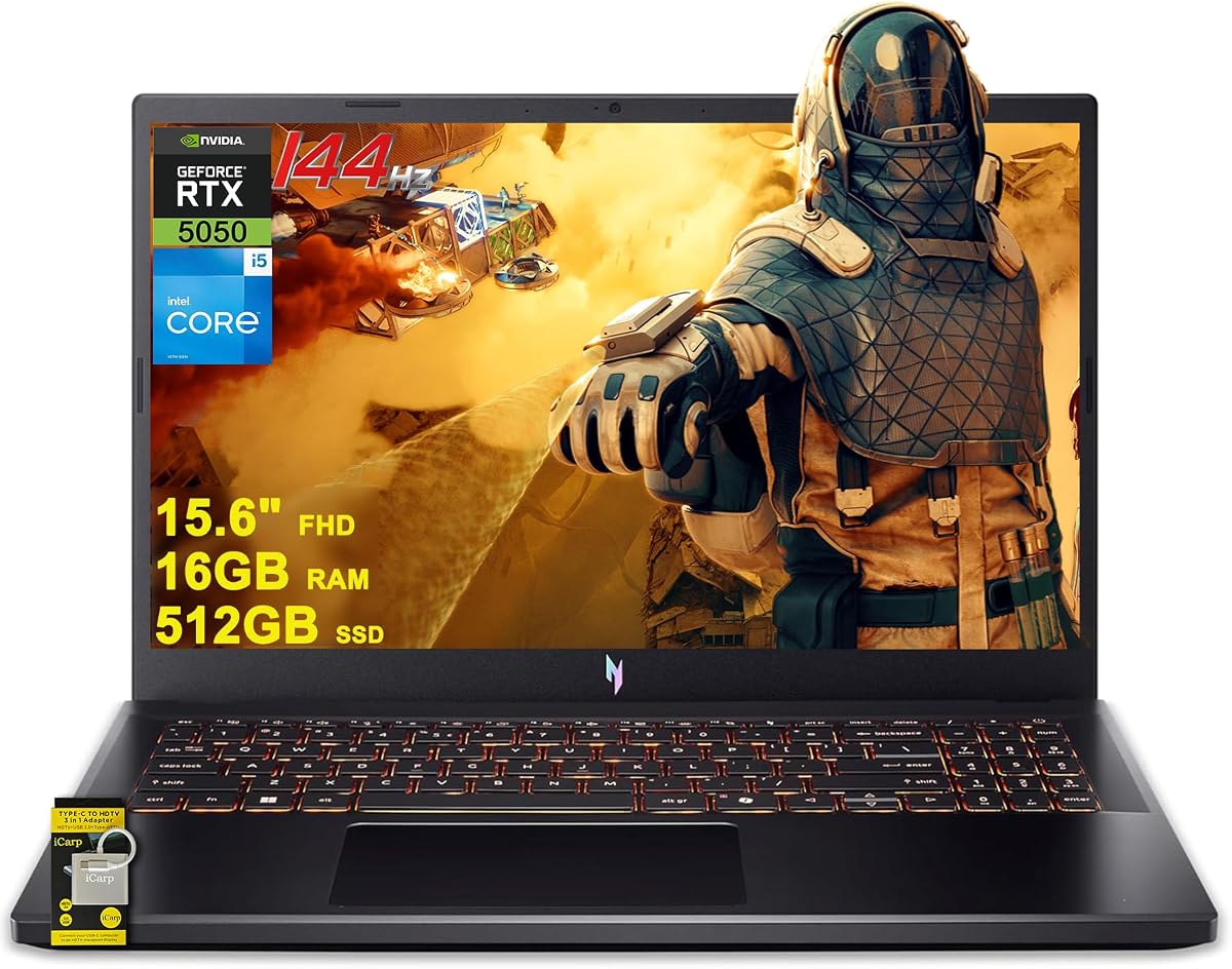 Nitro V 15 Gaming Laptop 15.6" FHD IPS 165Hz Intel 8-core i5-13420H 16GB DDR4 512GB SSD GeForce RTX 5050 GDDR7 DLSS4 (hasta 440 AI Tops) Thunderbolt retroiluminado WiFi6 Win11 ICP Hub