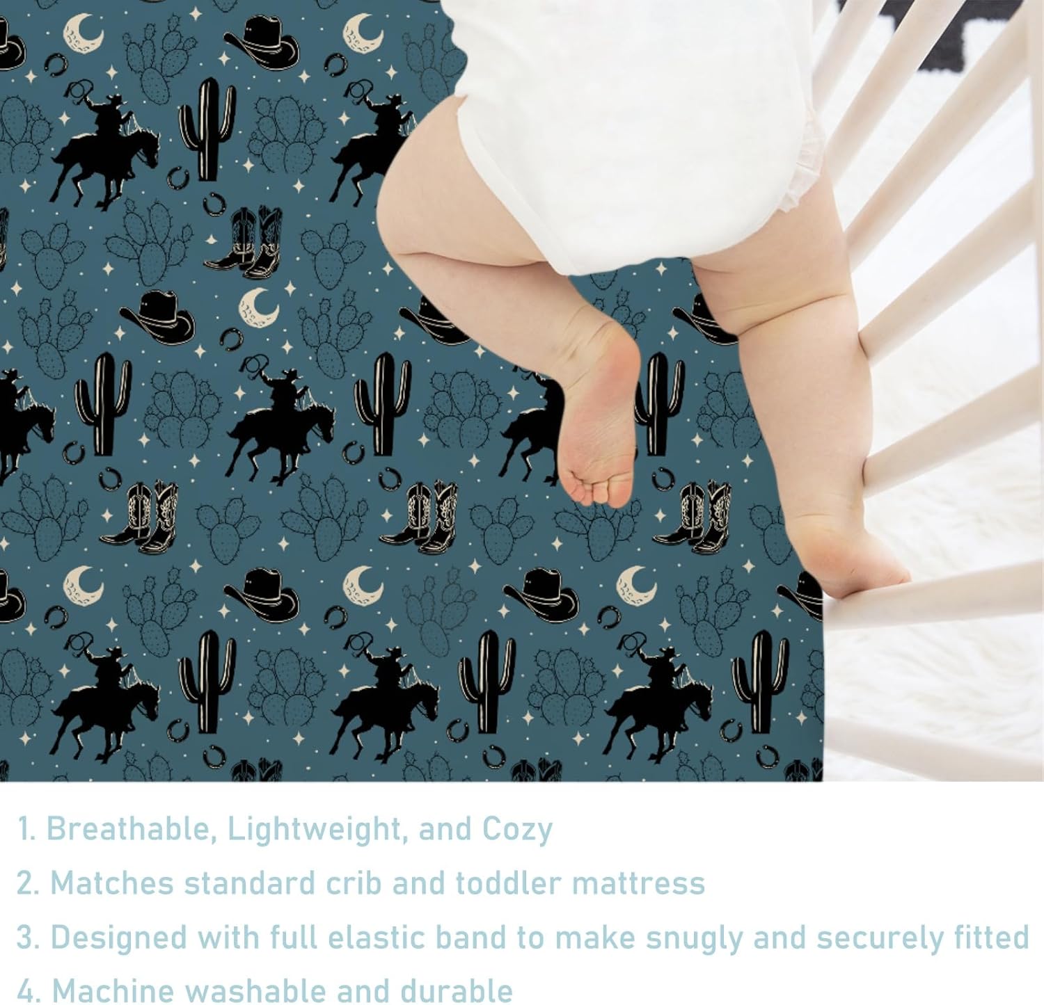 Vintage Western Cowboy Baby Crib Sheets 52''x28'' Cowboy Horse Boots Hat Cactus Moon Snug Fitted Crib Mattress Cover for Boy Girl Wild Plants Soft Baby Bed Sheet for Standard Crib Toddler Mattress