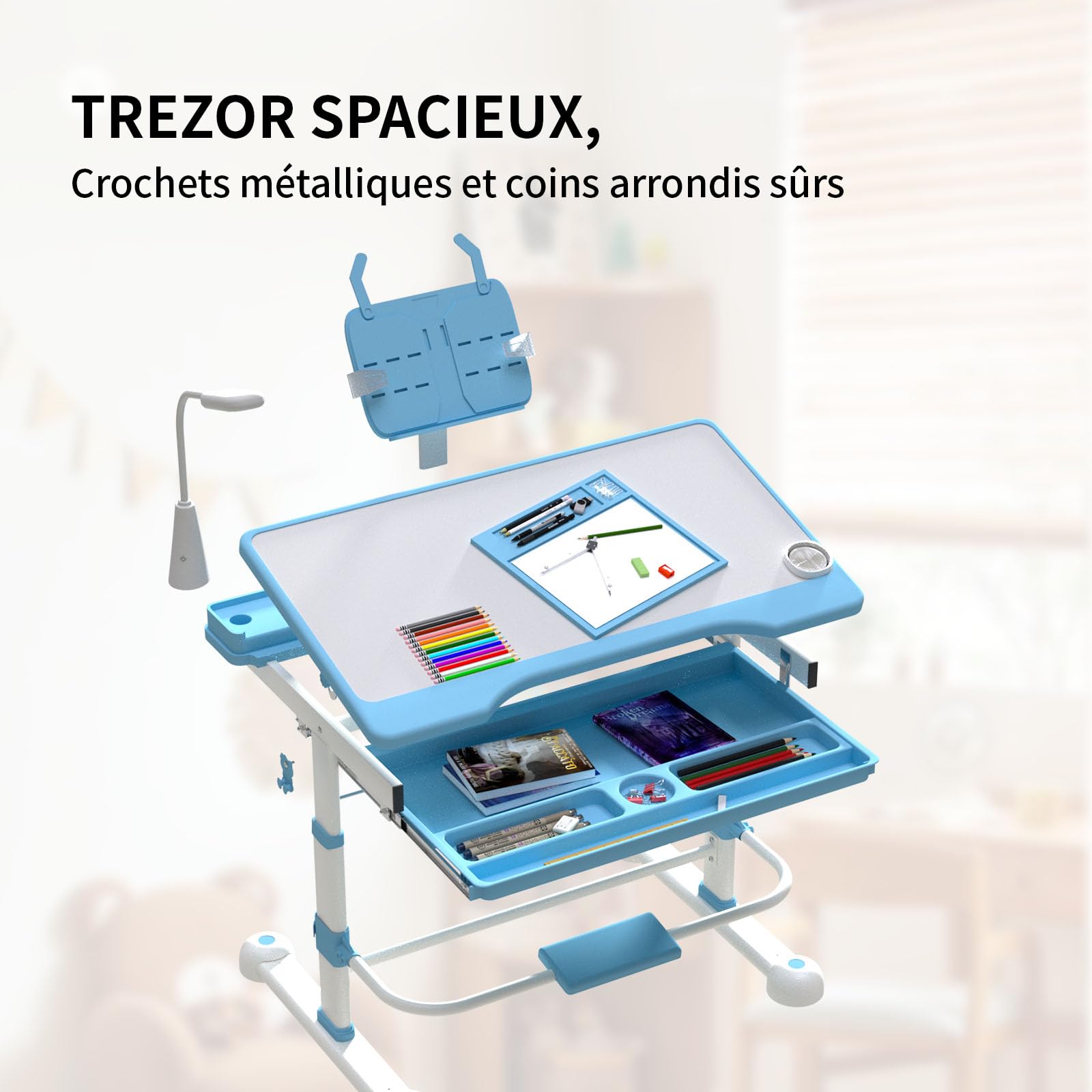 YLGJ&TIDY Ensemble de Table et de Chaises pour Enfants avec Lampe LED de Protection des Yeux, Bureau Enfant, Hauteur Réglable, Plateau Inclinable, Tiroir Multifonctions, Porte-Gobelet, Bleue