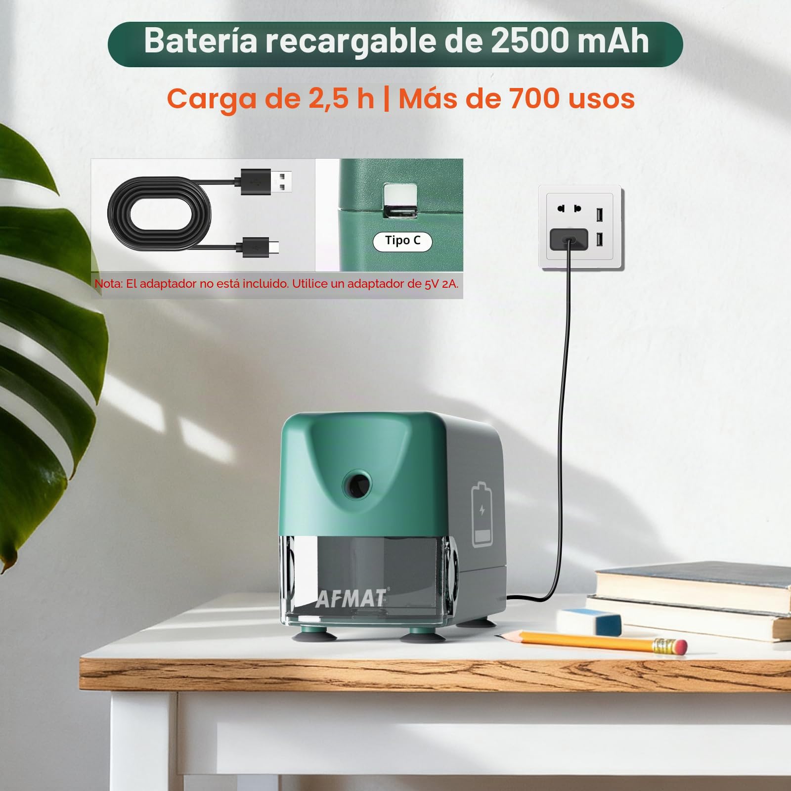 AFMAT Sacapuntas eléctrico automático, auto-Stop, sacapuntas eléctrico recargable con recipiente para lápices de 6-11 mm, punta rápida en 2 segundos, 10.000 puntas, verde PSD3