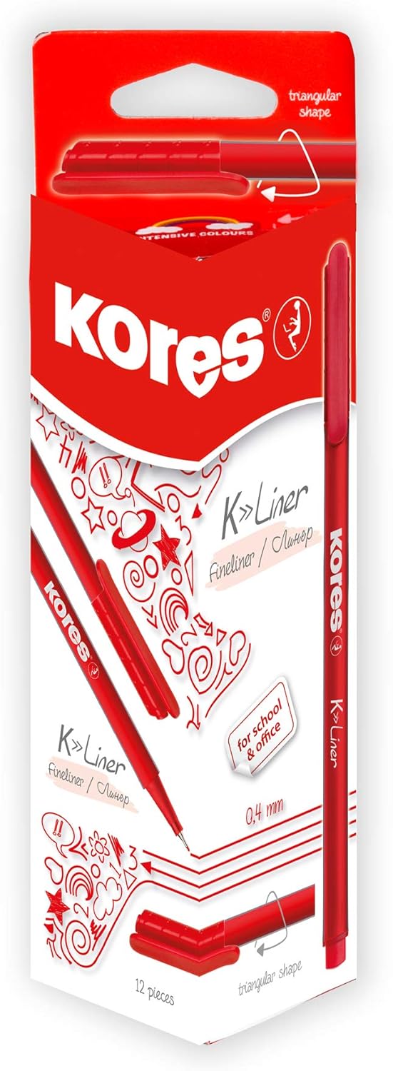Kores - K-Liner - Red Fineliners - 0.4mm - Colouring Pens, Fineliner Marker Pens, Art Pens, Journaling Supplies, University Essentials, School Supplies - Pack of 12
