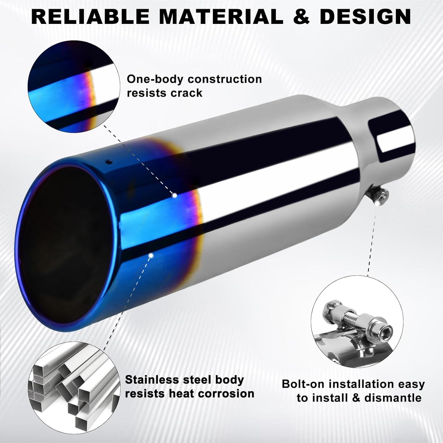 Mupera Universal 2.5 Inch Inlet Exhaust Tip, 4" Outlet, 12" Long Silver Professional Tail Pipe Exhaust Tip with Bolt On, for all 2.5 Inch Outside Diameter Exhaust Tips