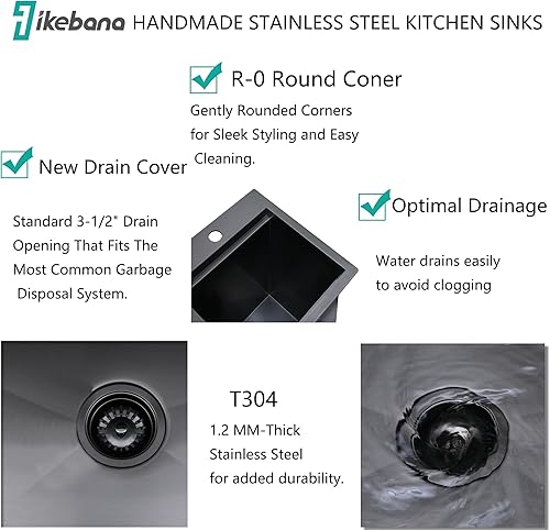 Miniatura 8 de Fregadero de cocina de 21 x 20 pulgadas, color negro, fregadero de cocina de acero inoxidable 304, fregadero de cocina de 21 pulgadas calibre 16