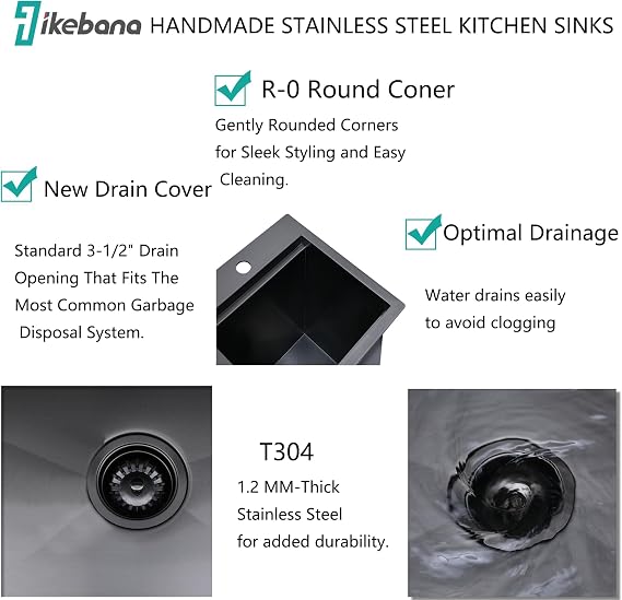 IKEBANA 15x15 Inch Black Drop In Bar Sink Workstation, 16 Gauge Stainless Steel Top Mount Single Bowl Handmade Gunmetal Black Wet Bar Sink for Outdoor Prep RV Laundry with Grid & Cutting Board