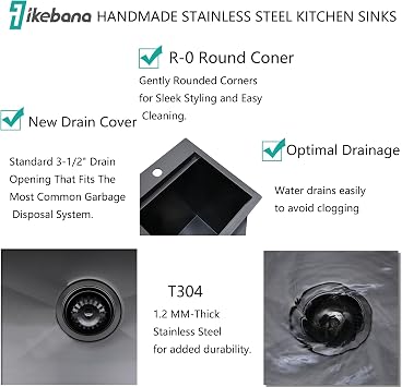 IKEBANA 15x15 Inch Black Drop In Bar Sink Workstation, 16 Gauge Stainless Steel Top Mount Single Bowl Handmade Gunmetal Black Wet Bar Sink for Outdoor Prep RV Laundry with Grid & Cutting Board