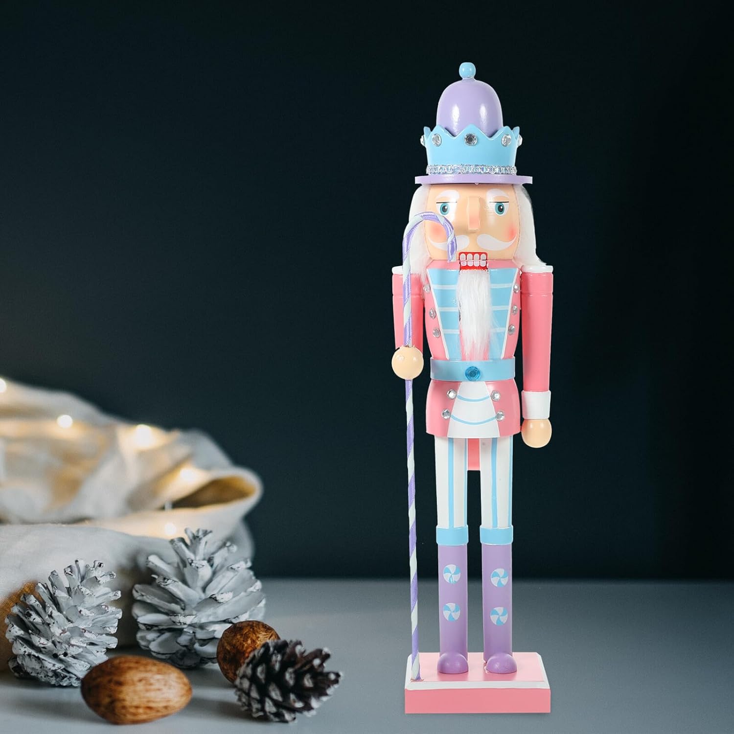 Beavorty Christmas Nutcracker Figure 38cm Wooden Nutcracker Soldier Ornament Pink Xmas Desktop Decoration for Holiday Home and Office