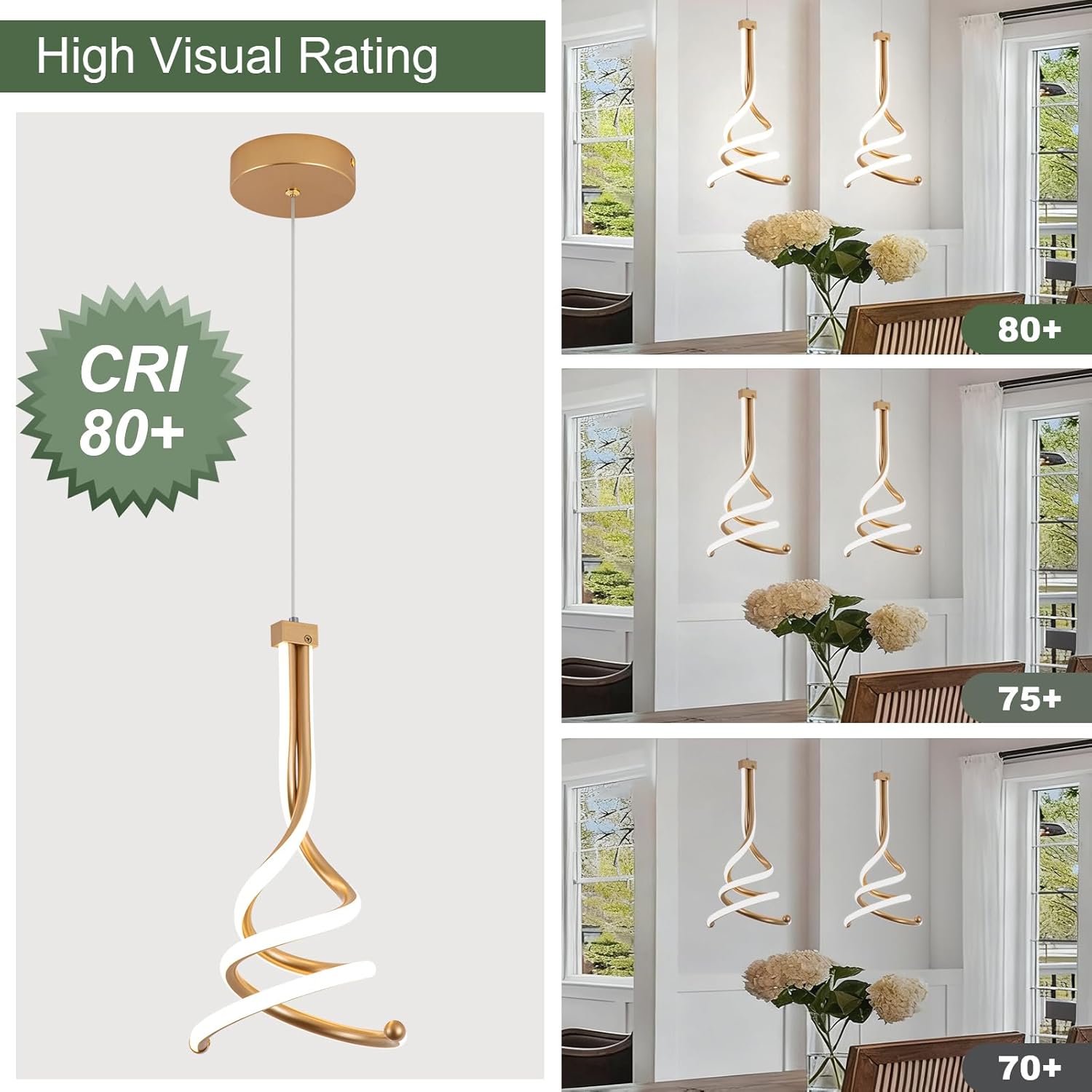 Modern Pendant Light, Spiral LED Pendant Light Fixture, 4500K LED Hanging Lamp, Gold Chandelier Lights Fixture, 20W Adjustable for Kitchen Island, Dining Room, Bedroom,1 Pack