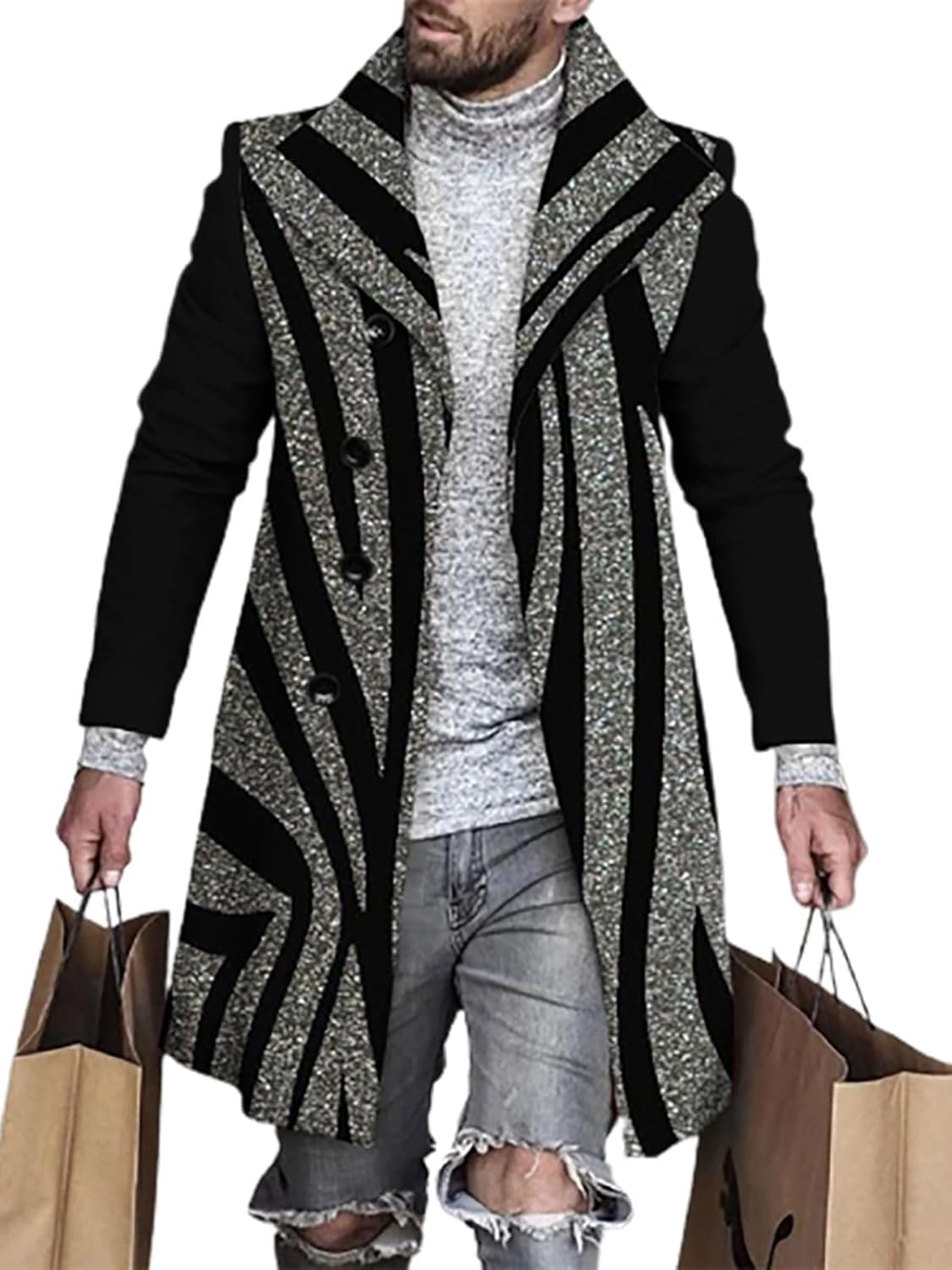 Zhyaj Men's Fashion Plaid Long Sleeve Lapel Collar Slim Fit Jacket Coat Winter Wool Blend Button Mid Long Overcoat