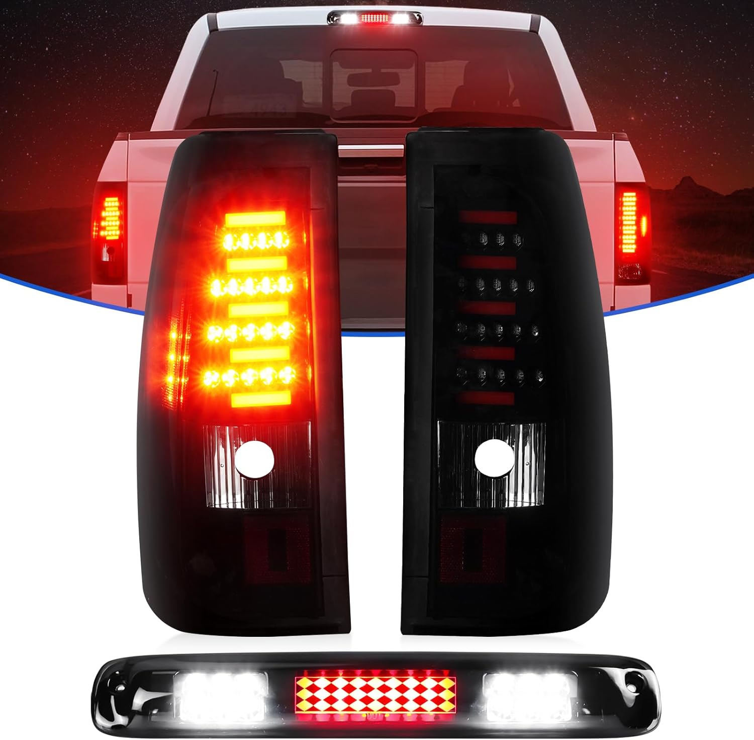 LED Tail Light +3rd Third Brake Light Fit for Chevy Silverado 1500 2500 2003-2006, Silverado 3500 2004-2006, Fit for Sierra 1500 1500HD 2500 2500HD 3500 2004-2006, Chrome Housing Smoke Lens
