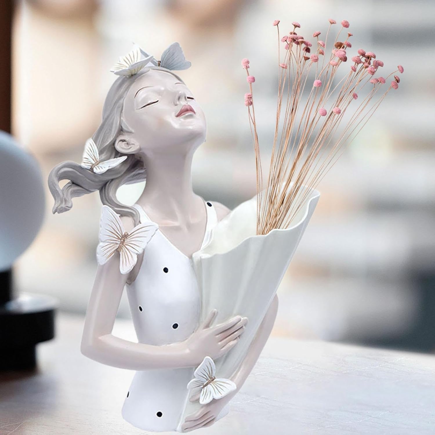 Butterfly Girl Sculpture Home Decoration Lovely Elegant Flower Vase Desktop Planter for Bookcase Table Desktop Women