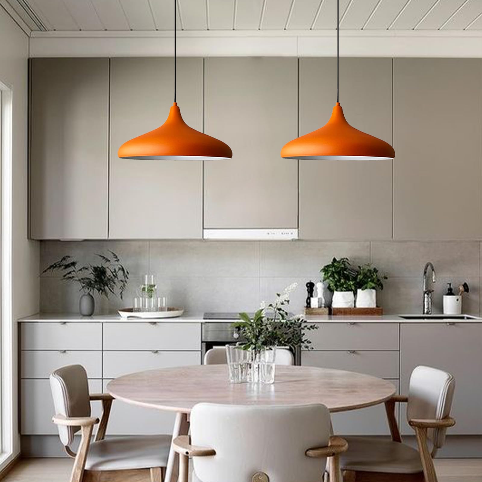 bamyum 2 Luces Champion Lámpara de Cocina, Lámpara Techo Colgante Vintage, Lámpara de Techo con Pantallas de 35 cm y Lámpara de Isla de Cocina de Metal de Lámparas de Techo Naranja
